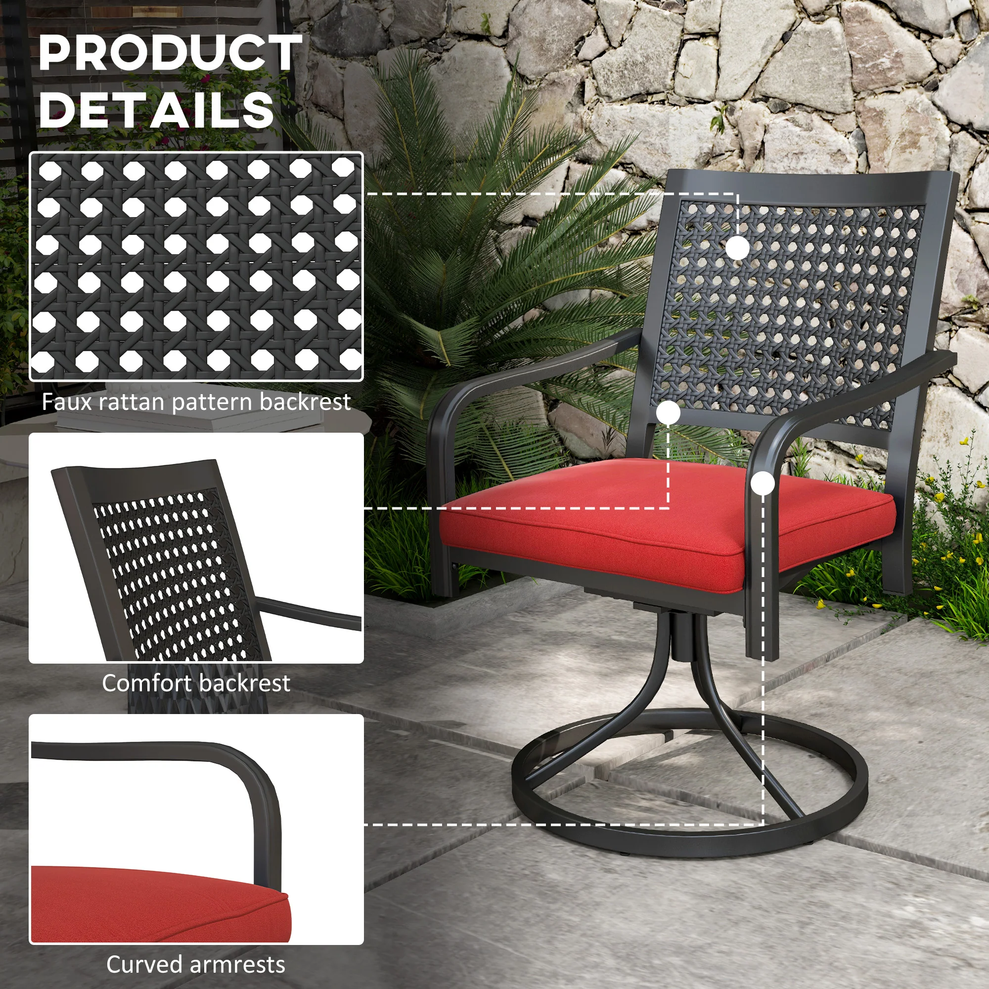 2-Piece Patio Swivel Chairs with Cushion, Outdoor Swivel Rocker with Curved Armrests, Red - Image 8