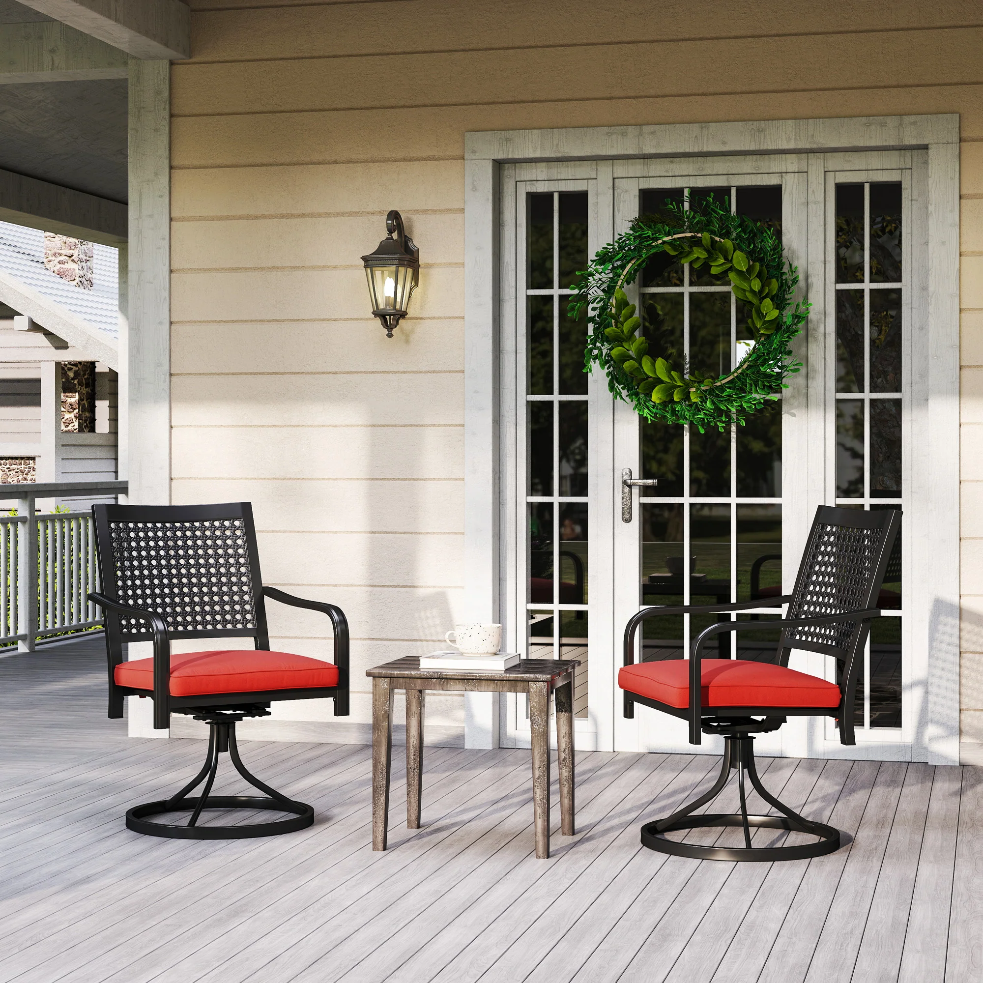 2-Piece Patio Swivel Chairs with Cushion, Outdoor Swivel Rocker with Curved Armrests, Red - Image 9