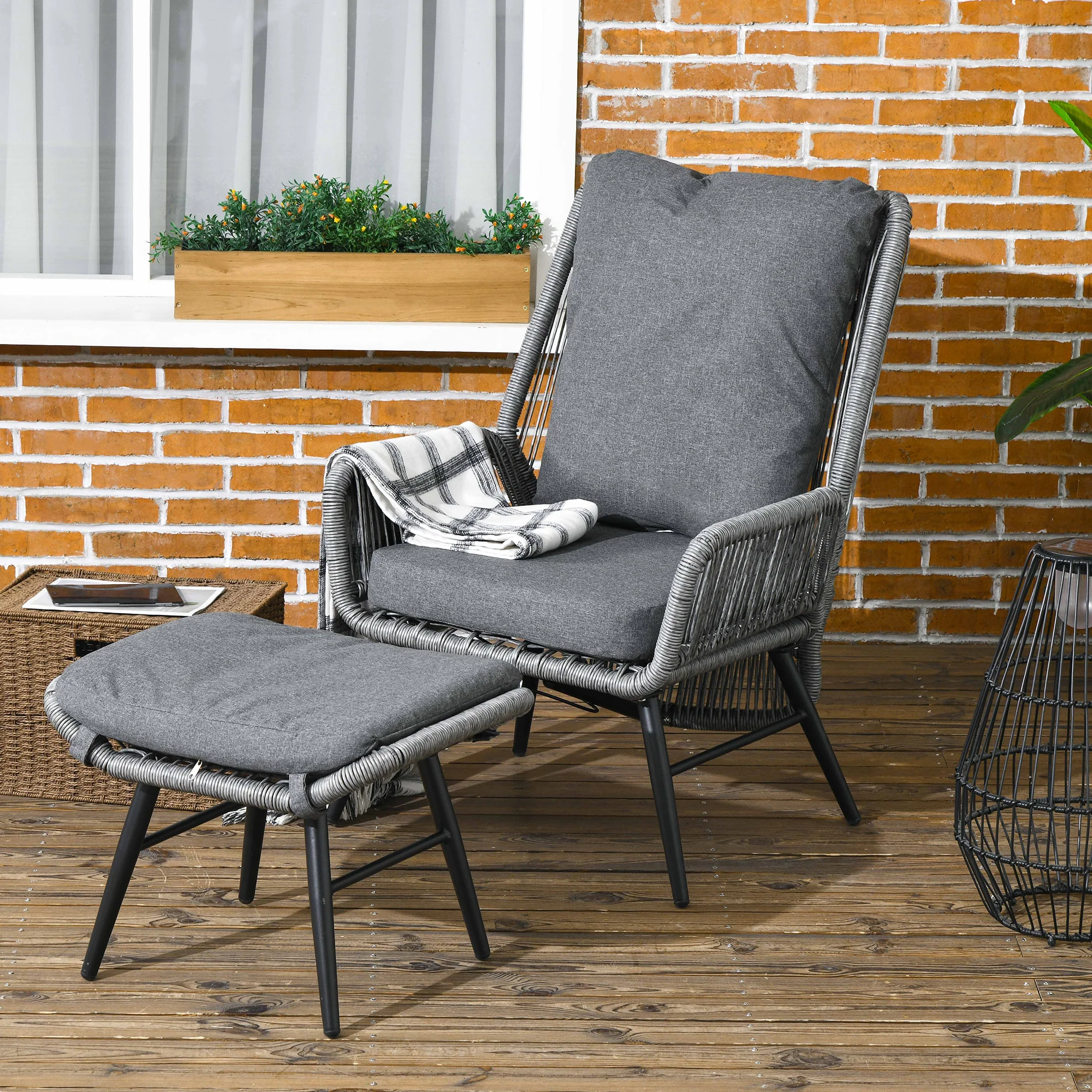 2 Pieces PE Rattan Garden Leisure Chair Set w/ Adjustable Backrest & Footrest, Light Grey - Image 4