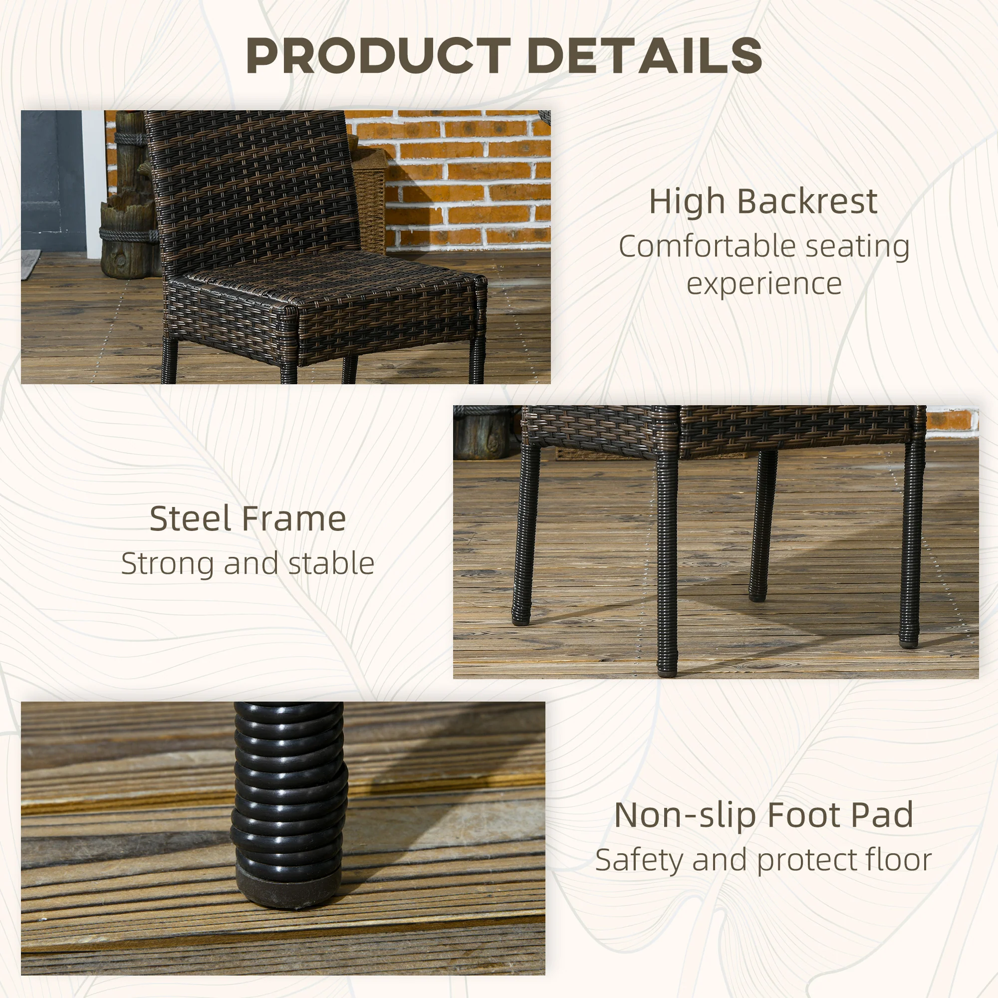 PE Rattan Outdoor Dining Chairs with Cushion, Patio Wicker Dining Chair with Backrest, Brown - Image 8