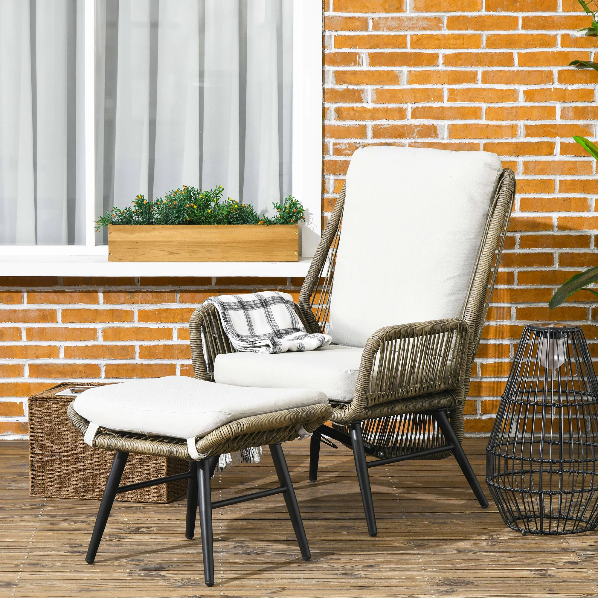 2 Pieces PE Rattan Patio Leisure Chair Set with Adjustable Backrest & Cushion, Khaki - Image 4