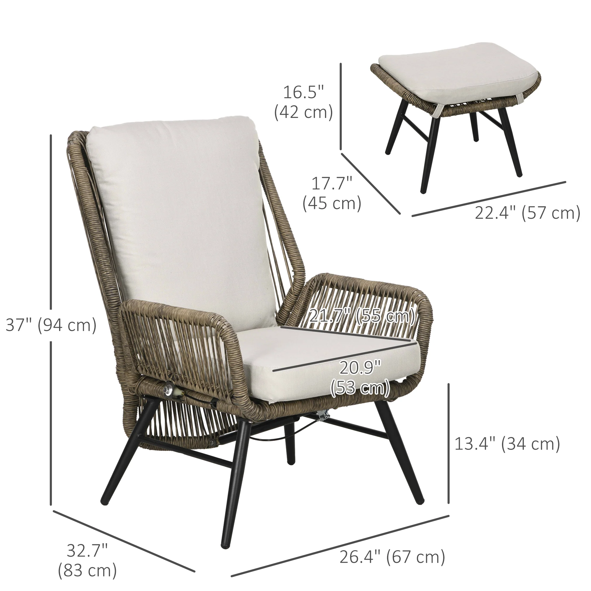 2 Pieces PE Rattan Patio Leisure Chair Set with Adjustable Backrest & Cushion, Khaki - Image 5