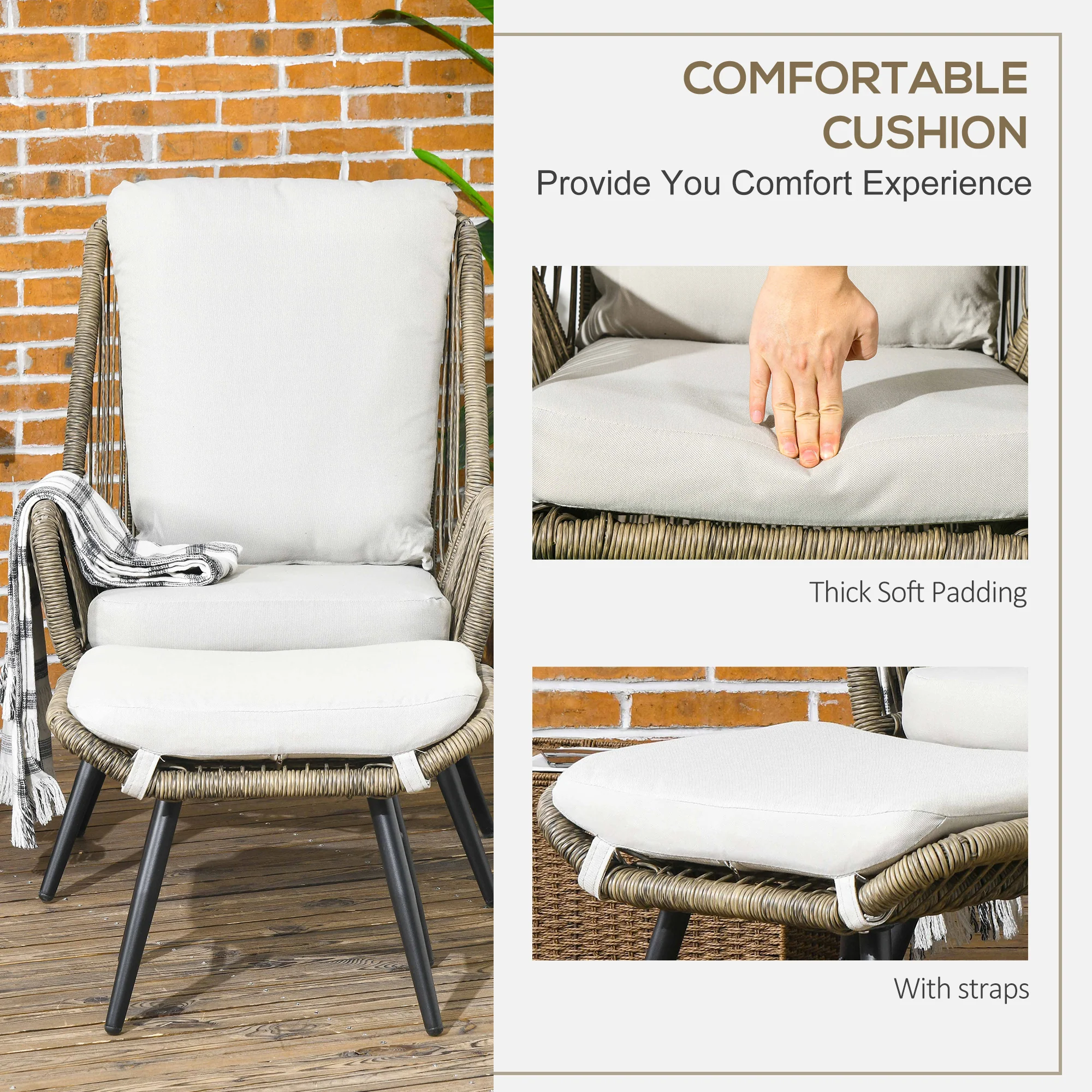 2 Pieces PE Rattan Patio Leisure Chair Set with Adjustable Backrest & Cushion, Khaki - Image 7