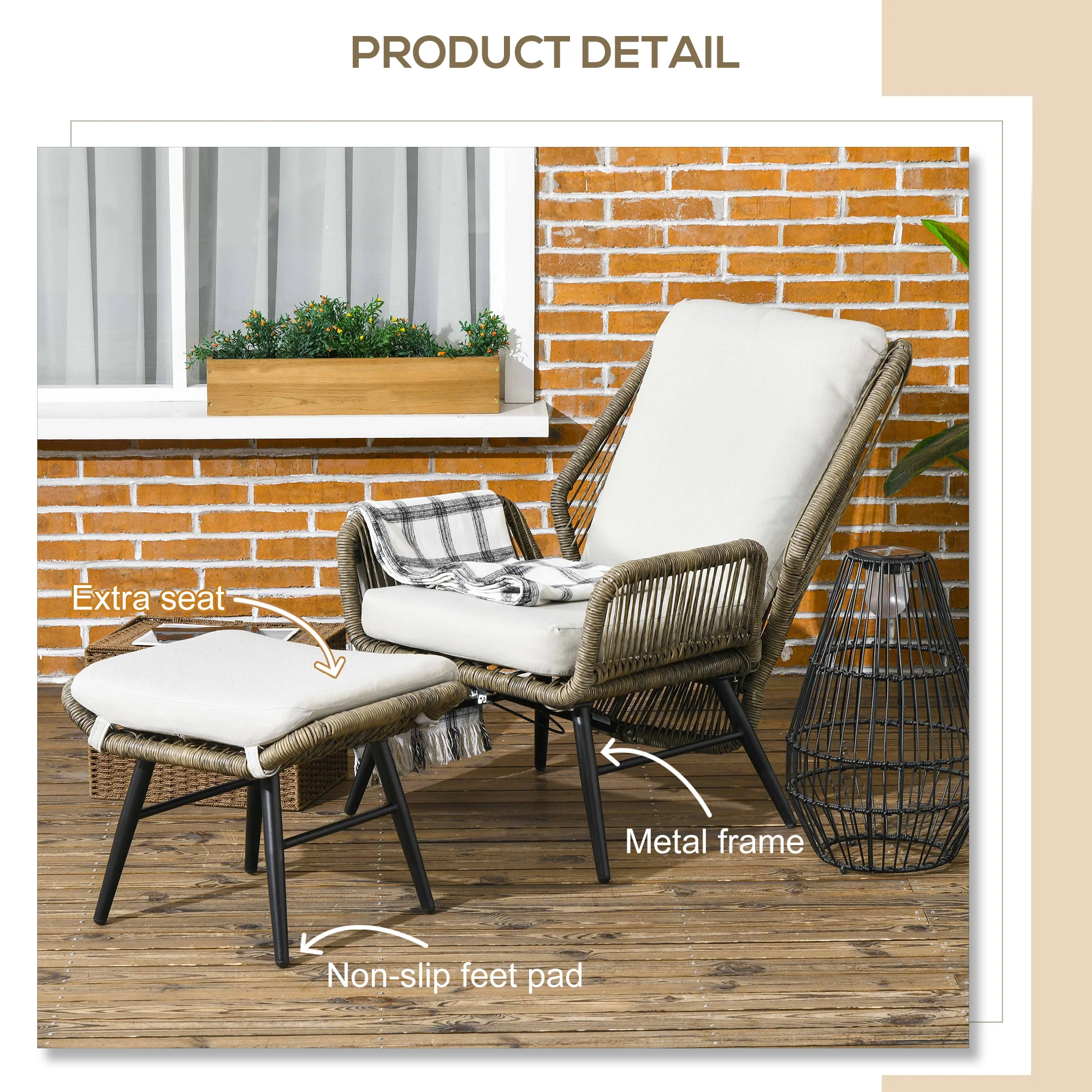 2 Pieces PE Rattan Patio Leisure Chair Set with Adjustable Backrest & Cushion, Khaki - Image 8