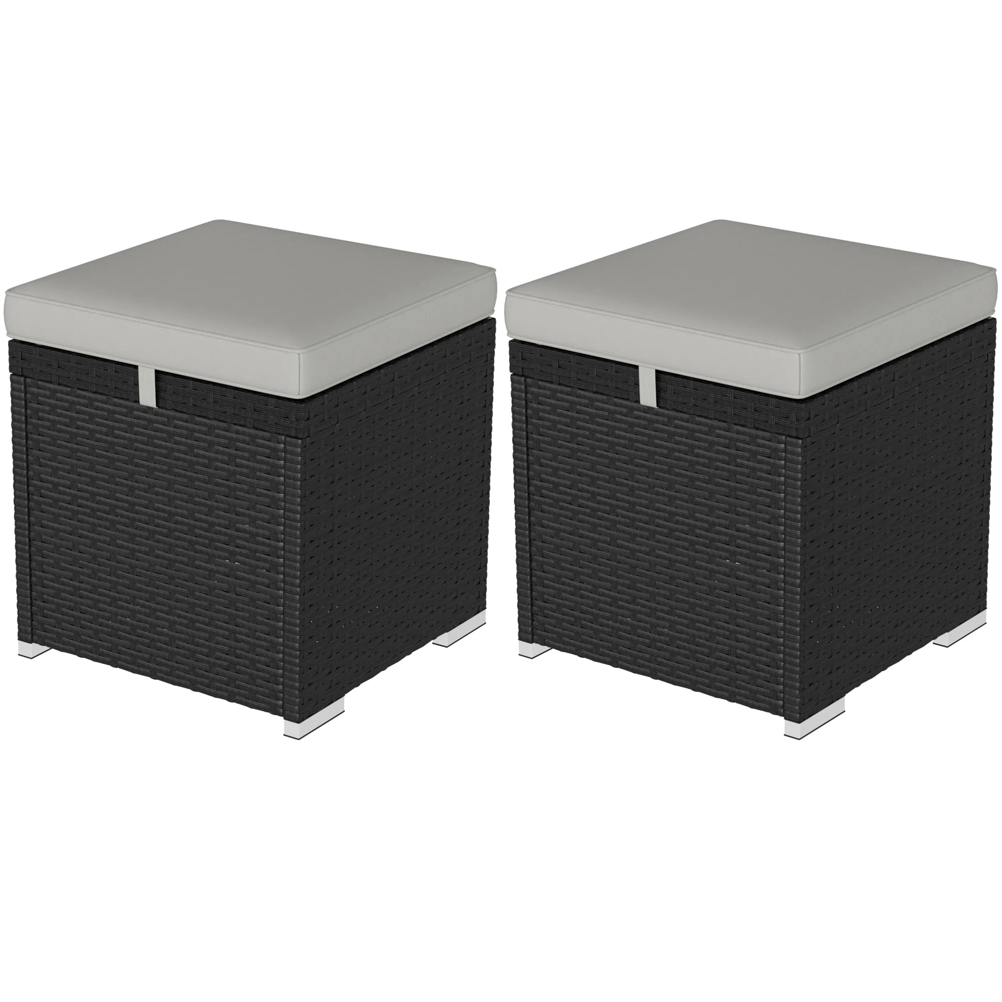 2 PC Wicker Outdoor Ottoman with Storage, Square Side Table with Removable Cushion, Light Grey
