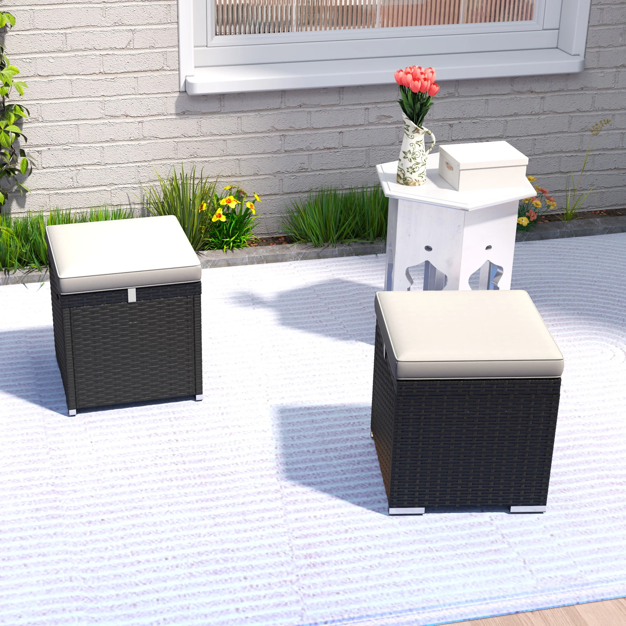 2 PC Wicker Outdoor Ottoman with Storage, Square Side Table with Removable Cushion, Light Grey - Image 11
