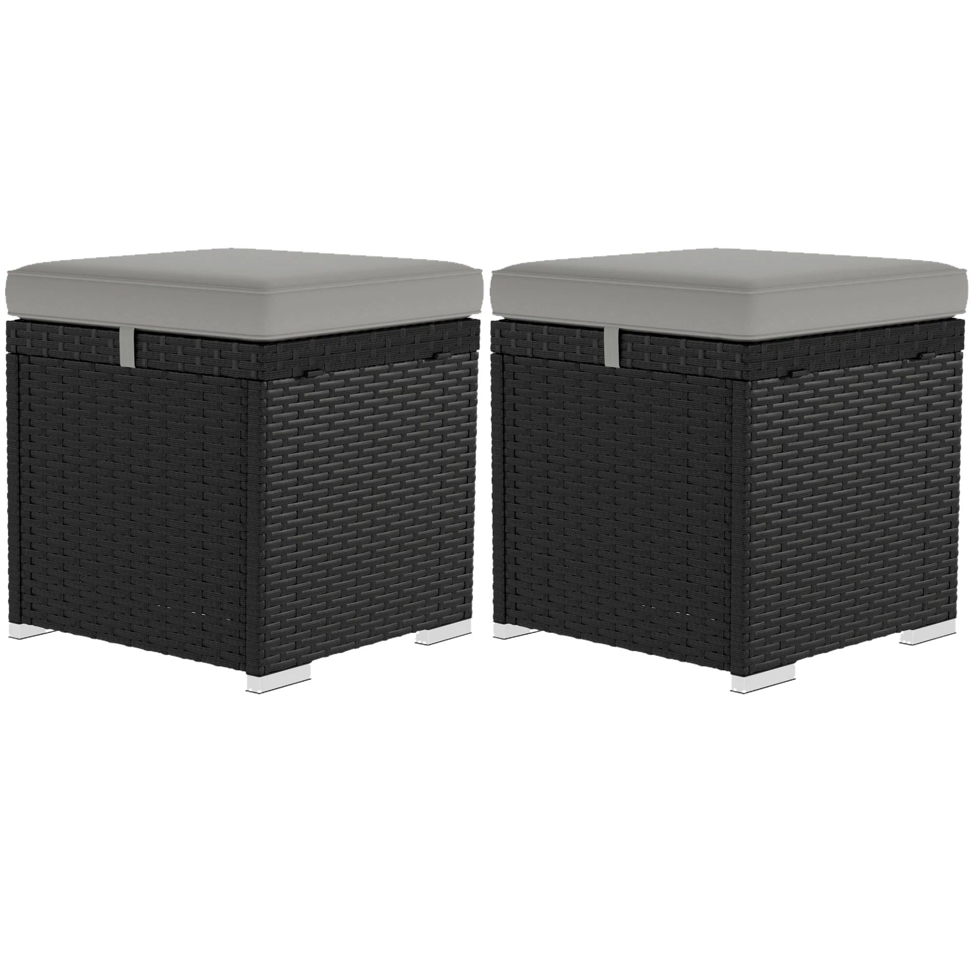2 PC Wicker Outdoor Ottoman with Storage, Square Side Table with Removable Cushion, Light Grey - Image 2
