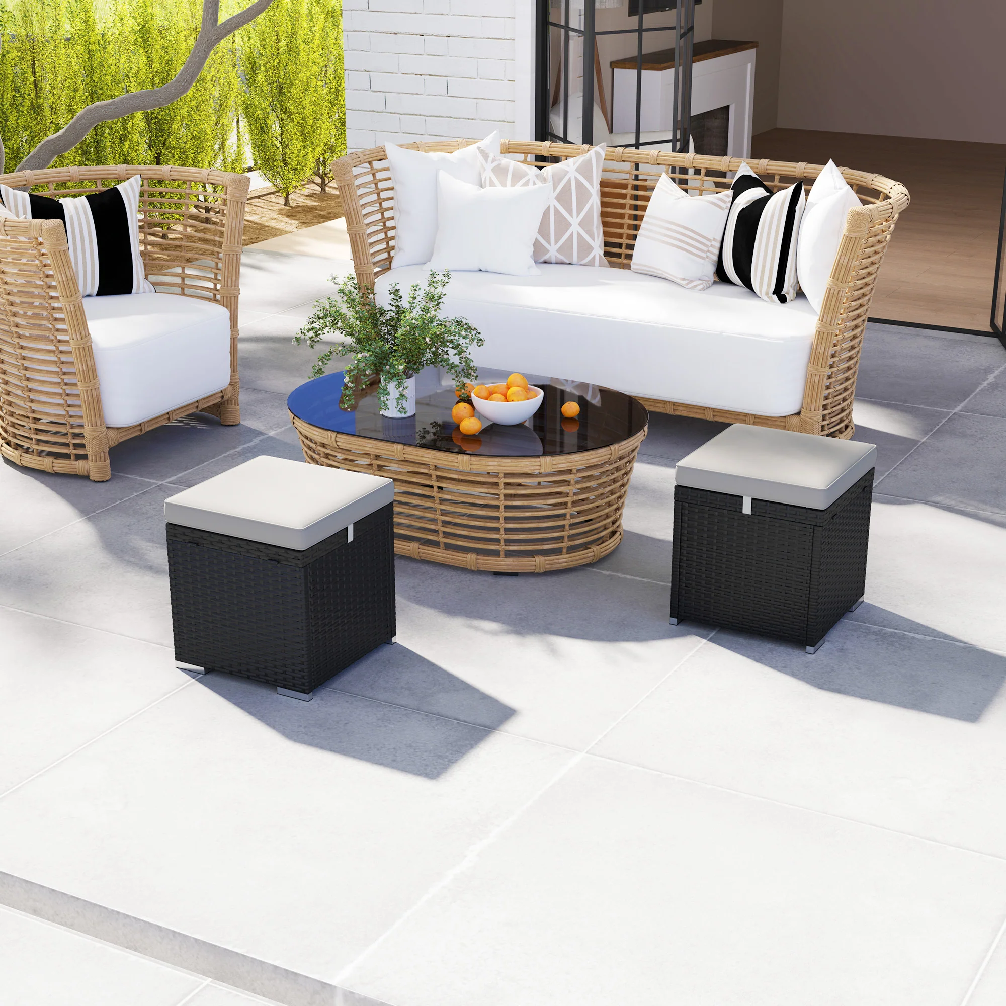 2 PC Wicker Outdoor Ottoman with Storage, Square Side Table with Removable Cushion, Light Grey - Image 3