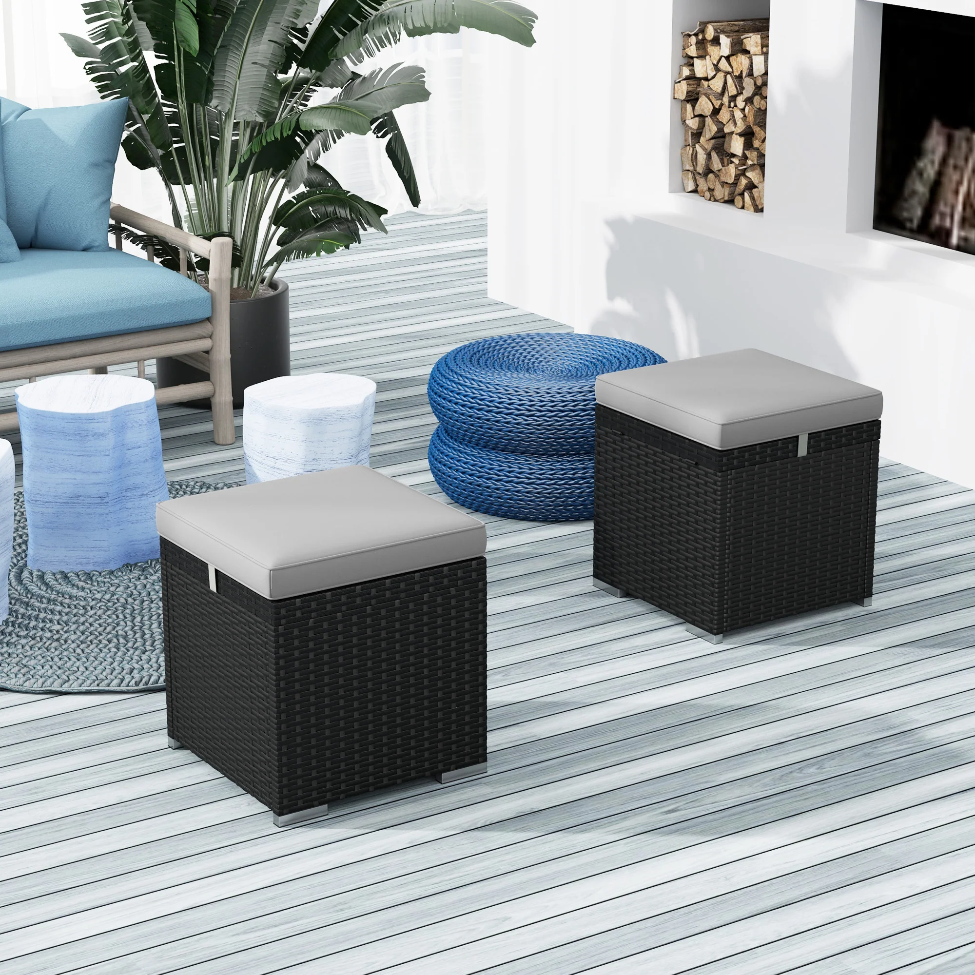 2 PC Wicker Outdoor Ottoman with Storage, Square Side Table with Removable Cushion, Light Grey - Image 4