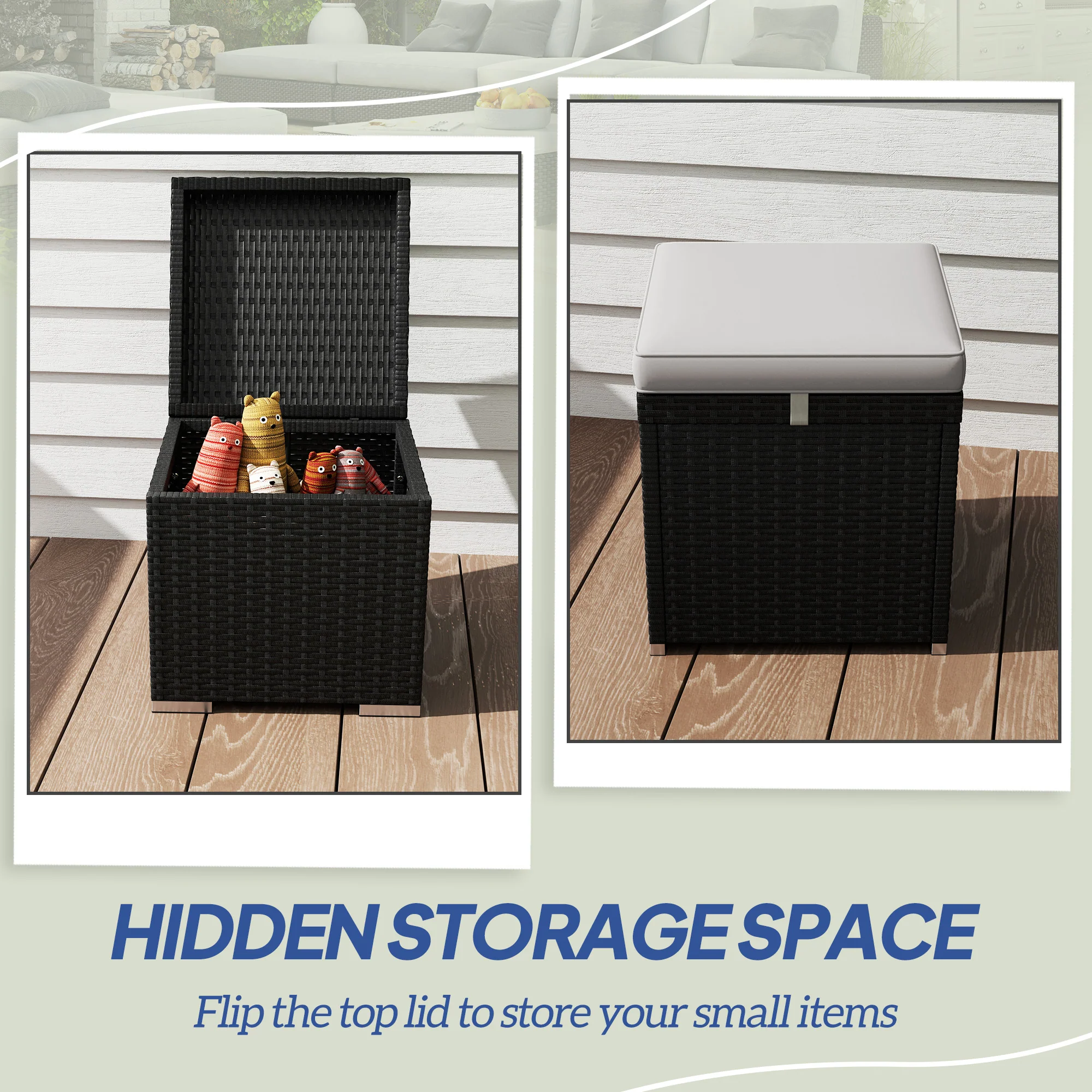 2 PC Wicker Outdoor Ottoman with Storage, Square Side Table with Removable Cushion, Light Grey - Image 6