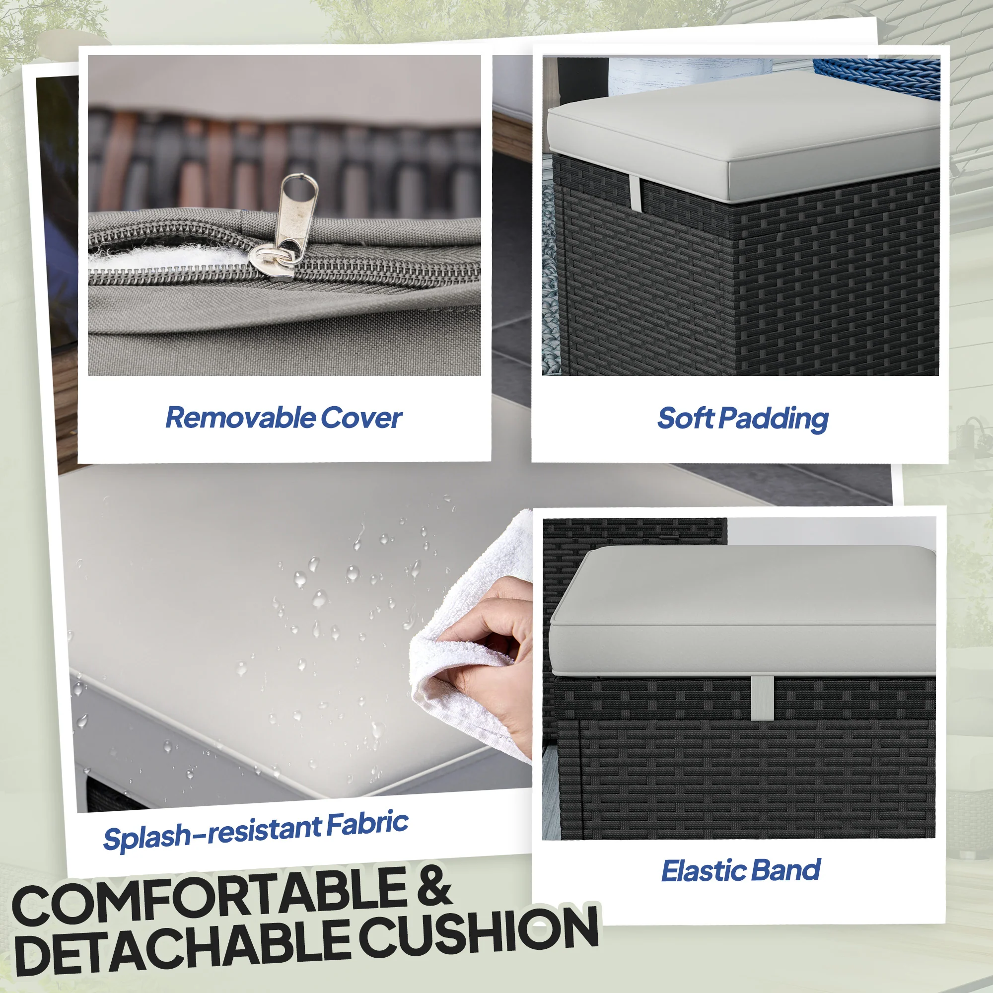 2 PC Wicker Outdoor Ottoman with Storage, Square Side Table with Removable Cushion, Light Grey - Image 8