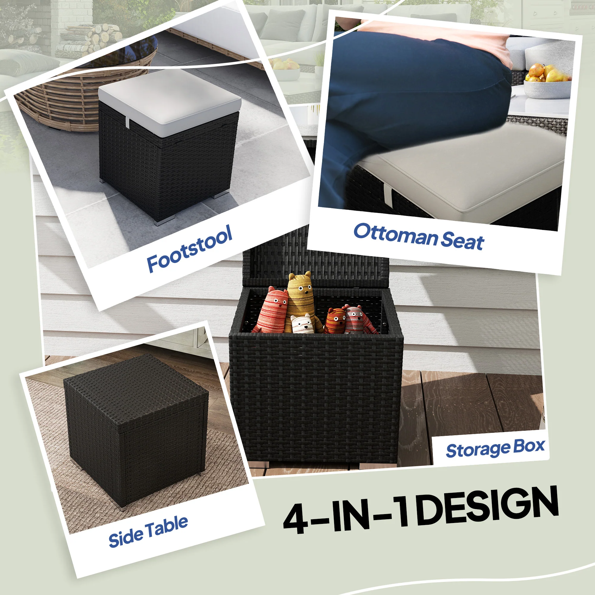 2 PC Wicker Outdoor Ottoman with Storage, Square Side Table with Removable Cushion, Light Grey - Image 9
