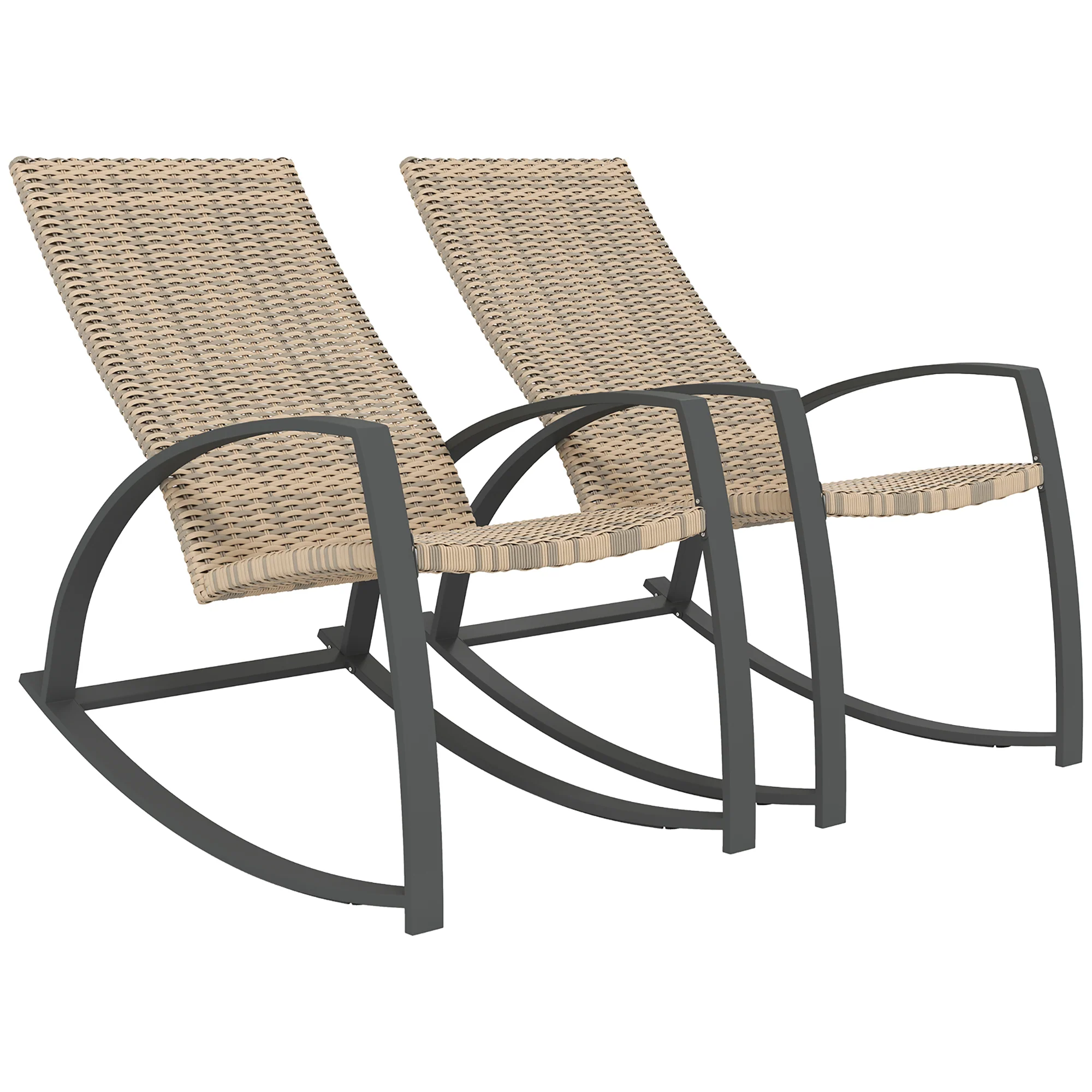 2 Pieces Wicker Patio Rocking Chair Set with High Back, Armrests for Garden, Khaki