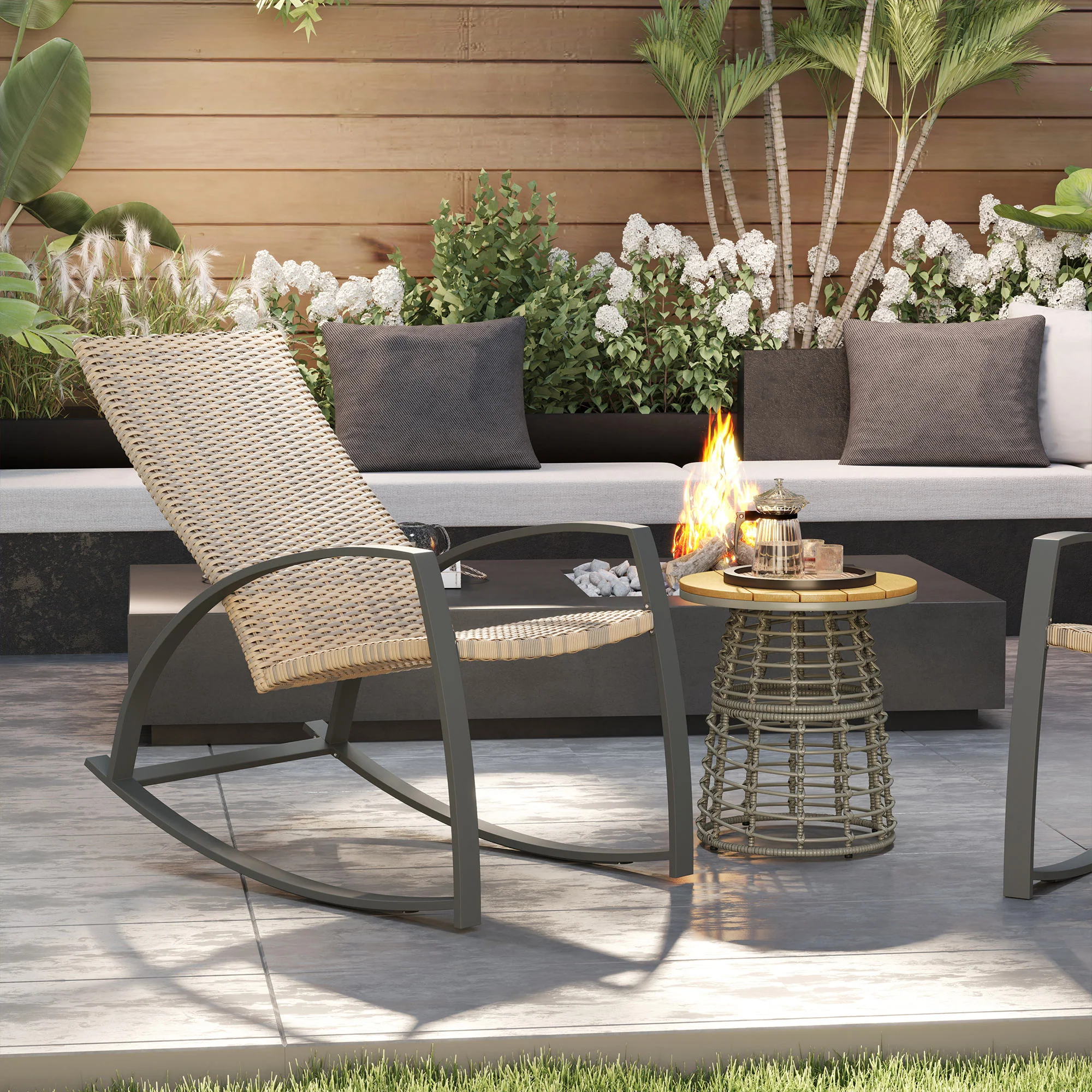 2 Pieces Wicker Patio Rocking Chair Set with High Back, Armrests for Garden, Khaki - Image 11