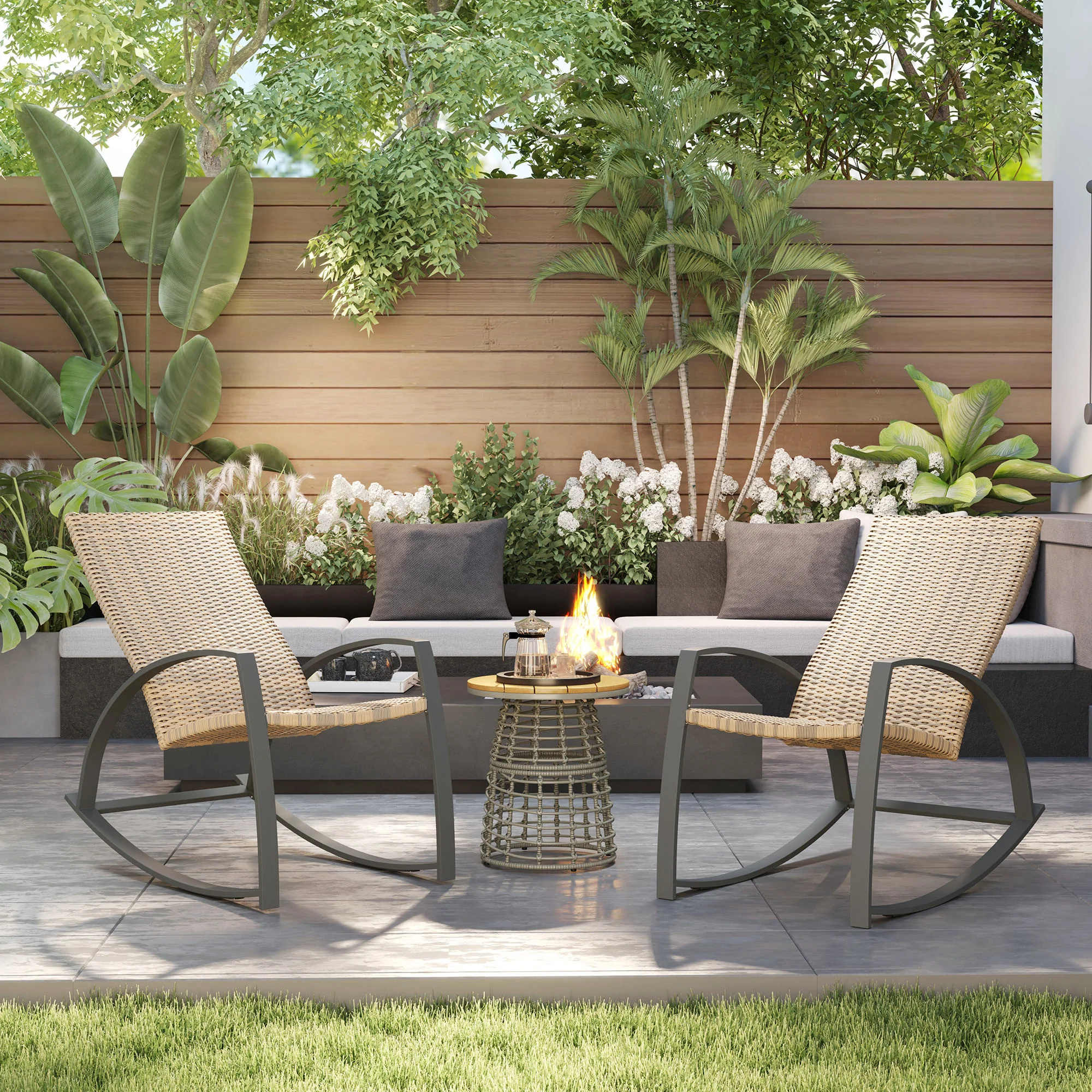 2 Pieces Wicker Patio Rocking Chair Set with High Back, Armrests for Garden, Khaki - Image 3
