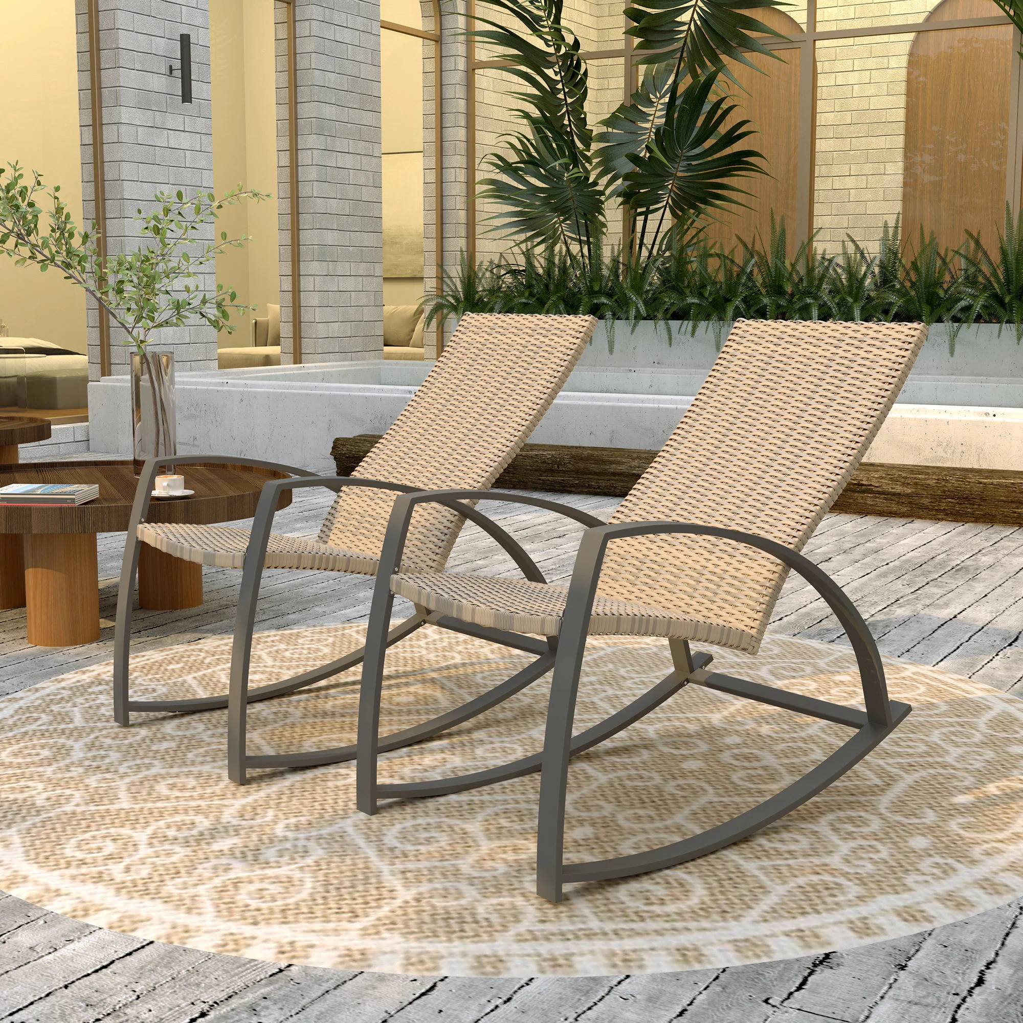 2 Pieces Wicker Patio Rocking Chair Set with High Back, Armrests for Garden, Khaki - Image 4