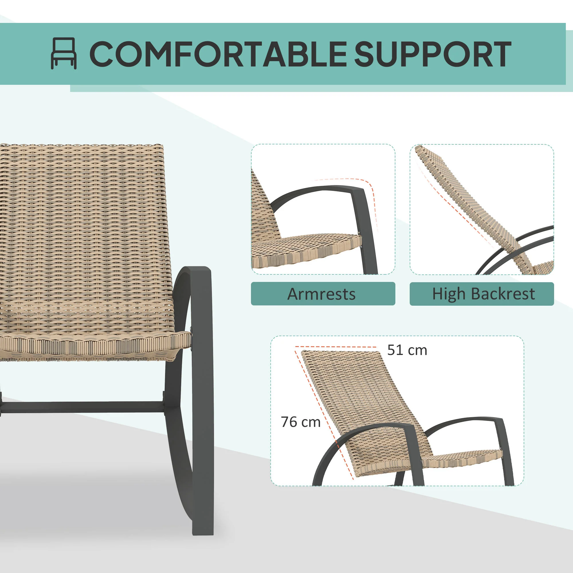 2 Pieces Wicker Patio Rocking Chair Set with High Back, Armrests for Garden, Khaki - Image 7