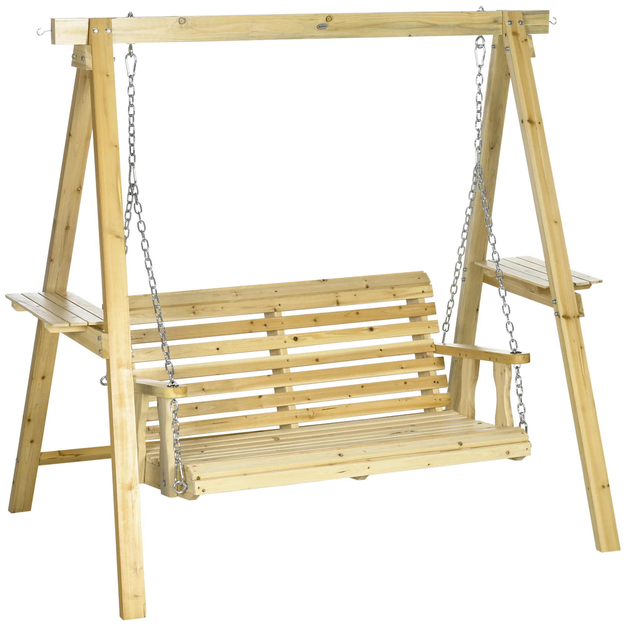 2-Seat Porch Swing with Stand and Side Tables, Natural Wood - Image 12