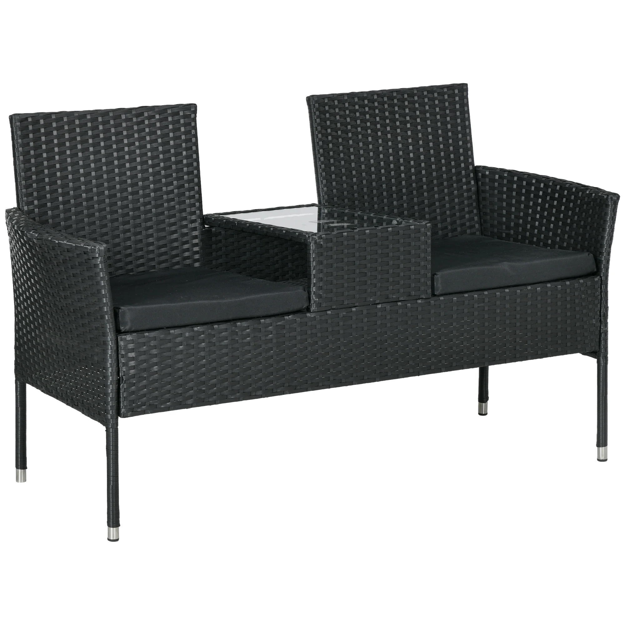 2-Seat PE Rattan Loveseat and Tempered Glass Tea Table Set for Garden, Black - Image 12