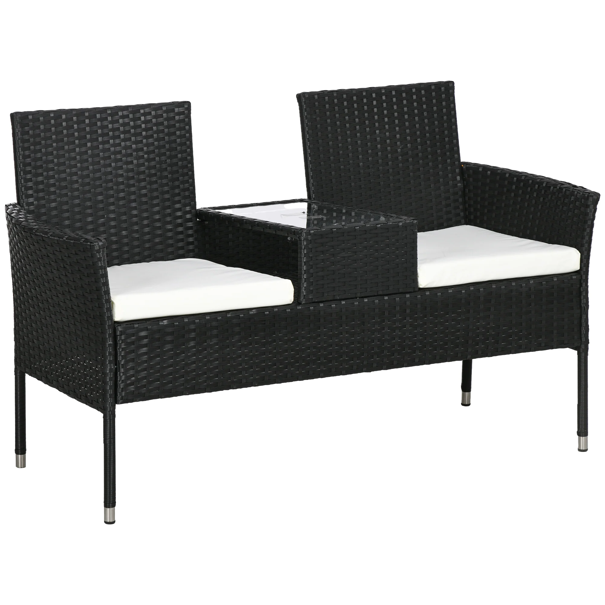 2-Seat PE Rattan Loveseat and Tempered Glass Tea Table Set for Garden, Cream White - Image 12