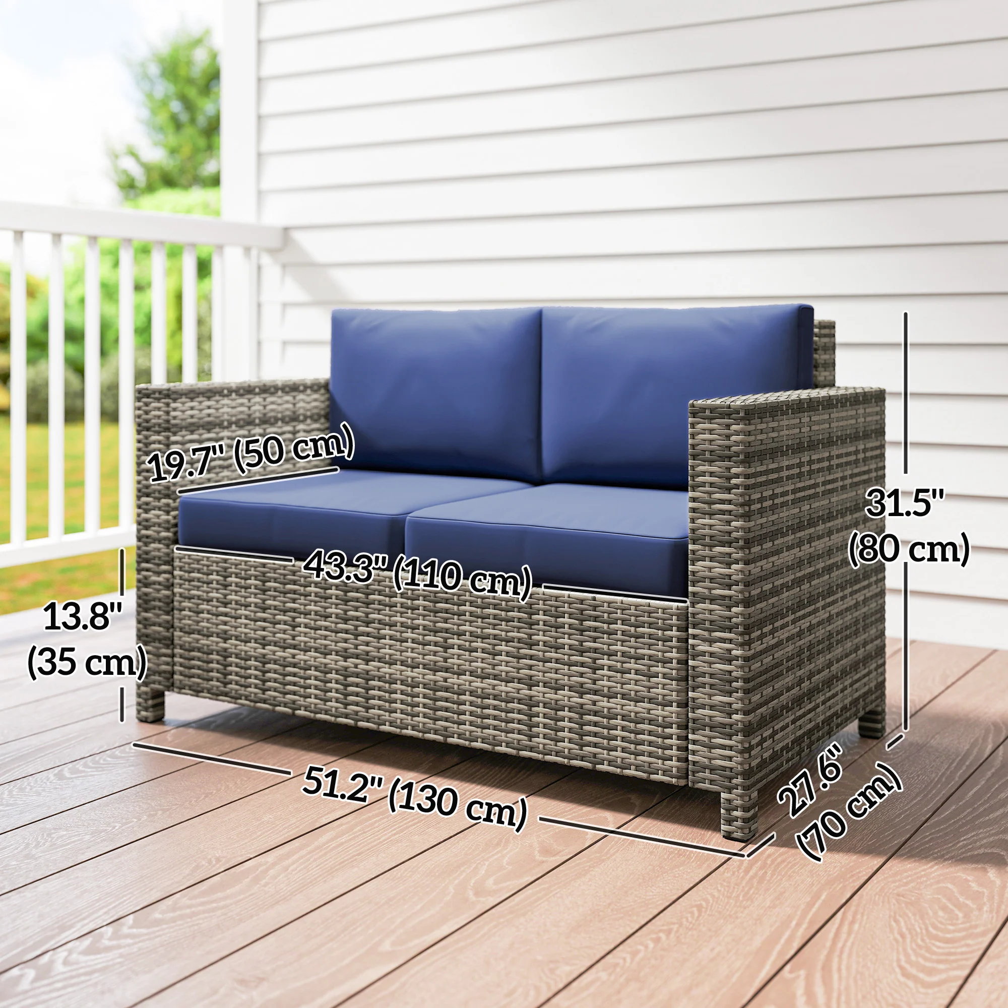 2-Seat Patio Loveseat Wicker Sofa with Cushions, Dark Blue - Image 5