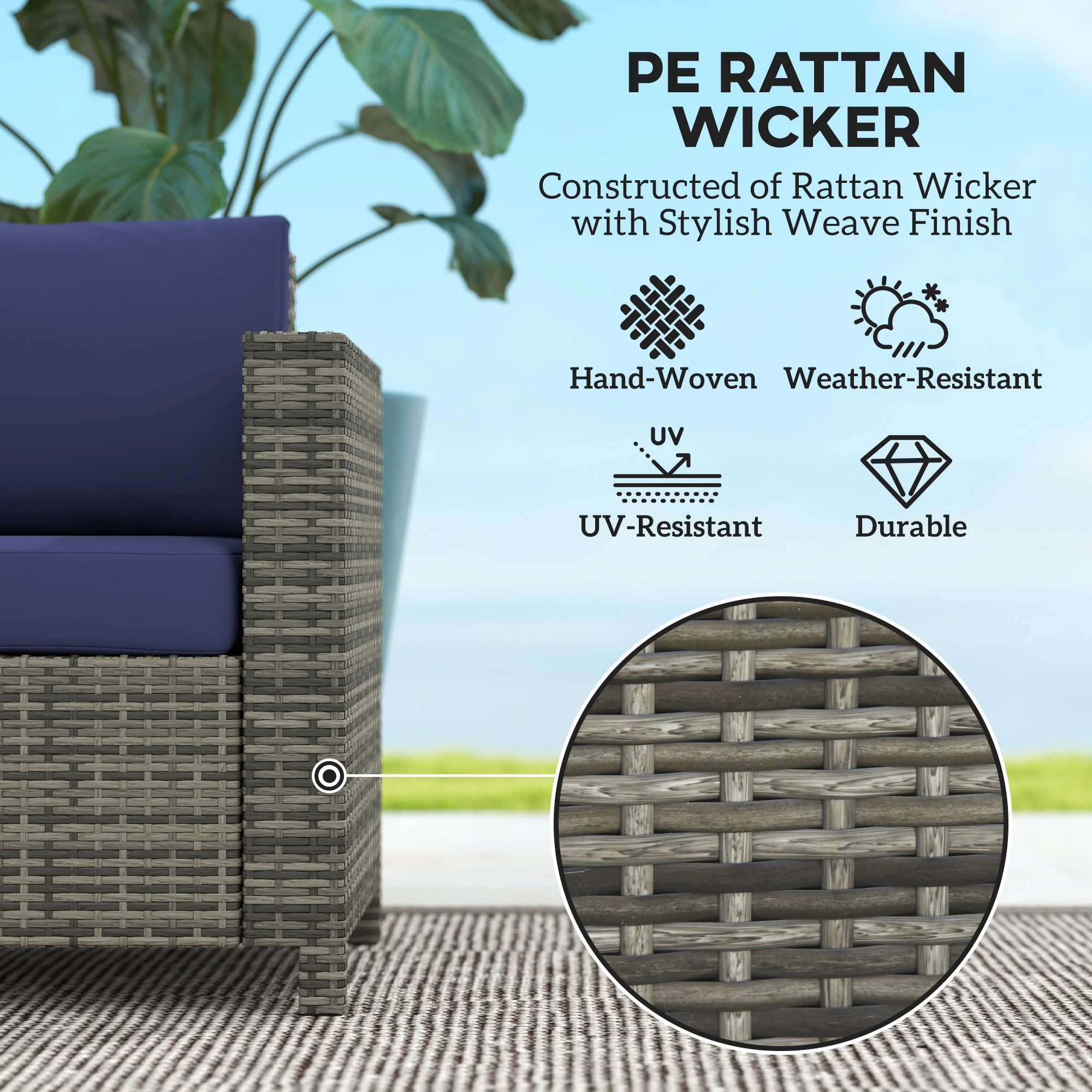 2-Seat Patio Loveseat Wicker Sofa with Cushions, Dark Blue - Image 6
