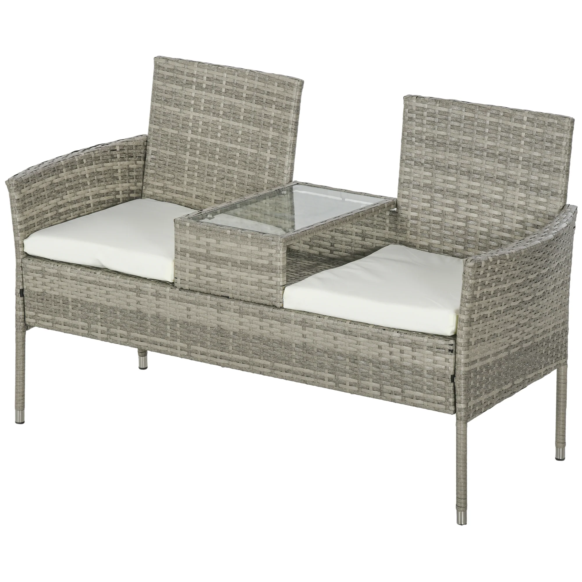 2 Seat Rattan Garden Bench with Middle Glass Tea Table & Padded Cushions, Cream White - Image 2