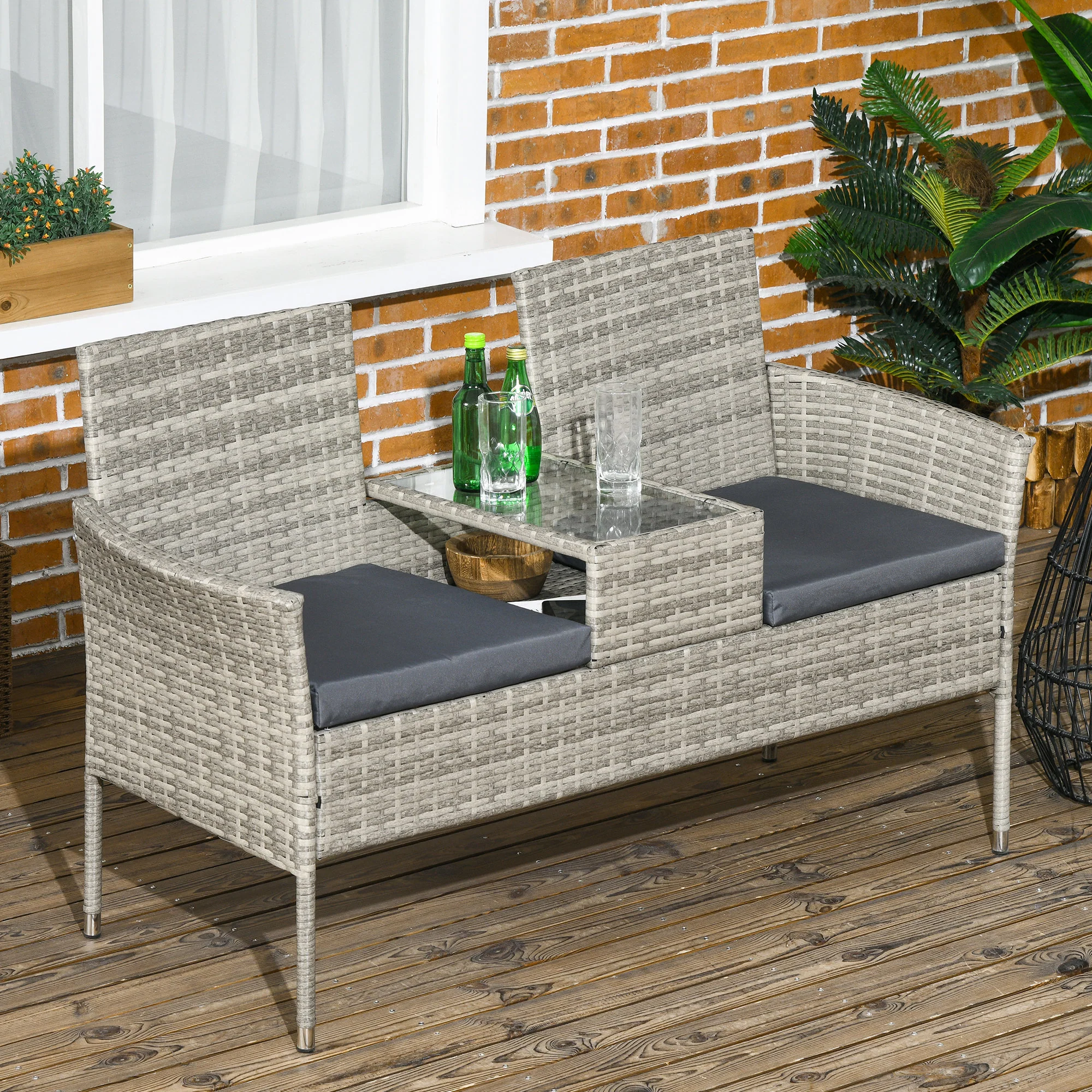 2 Seat Rattan Garden Bench with Middle Glass Tea Table & Padded Cushions, Grey - Image 4