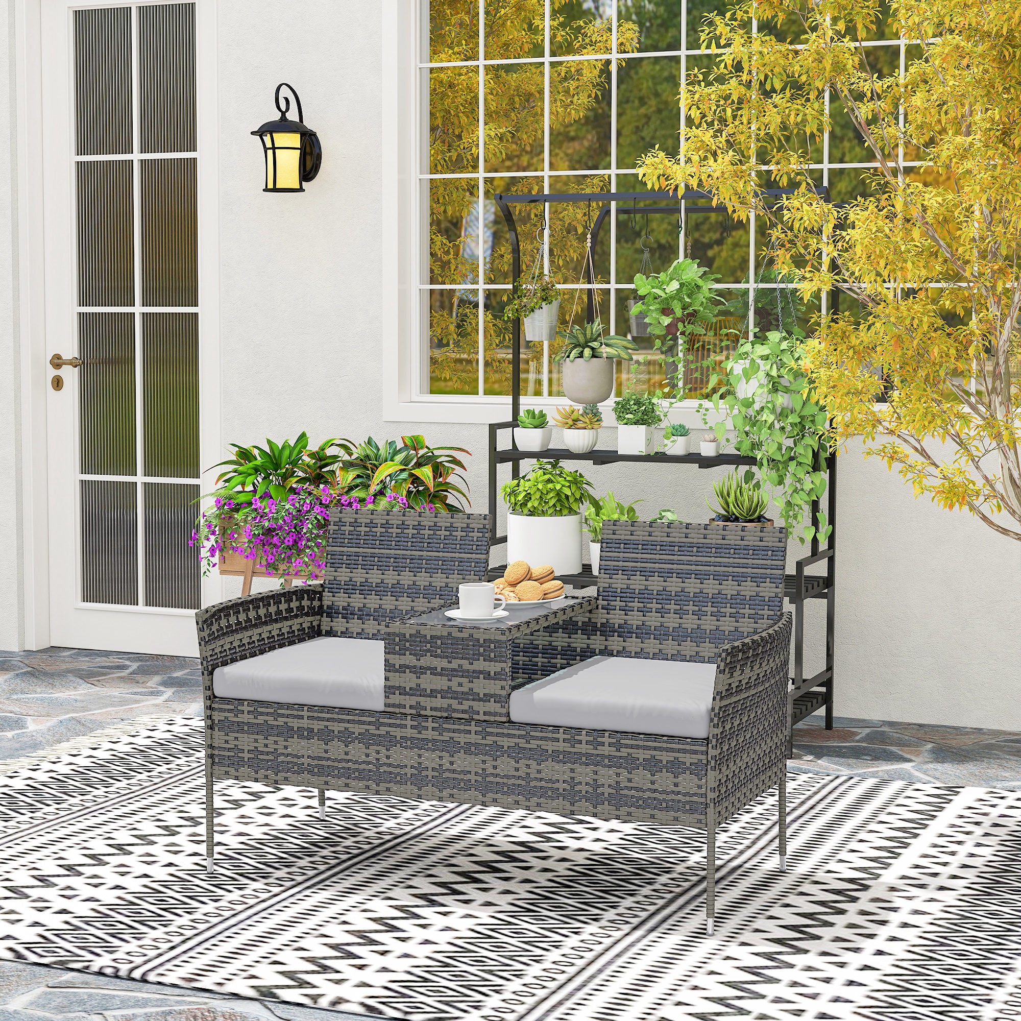 2 Seat Rattan Garden Bench with Glass Table & Padded Cushions, Charcoal Grey/Grey - Image 11