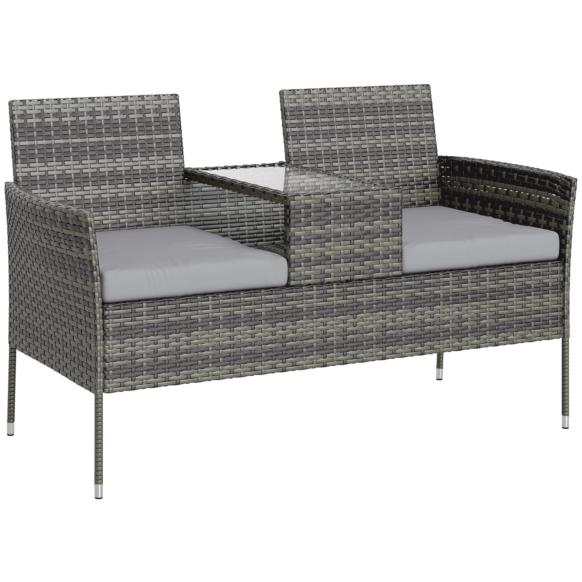 2 Seat Rattan Garden Bench with Glass Table & Padded Cushions, Charcoal Grey/Grey - Image 12
