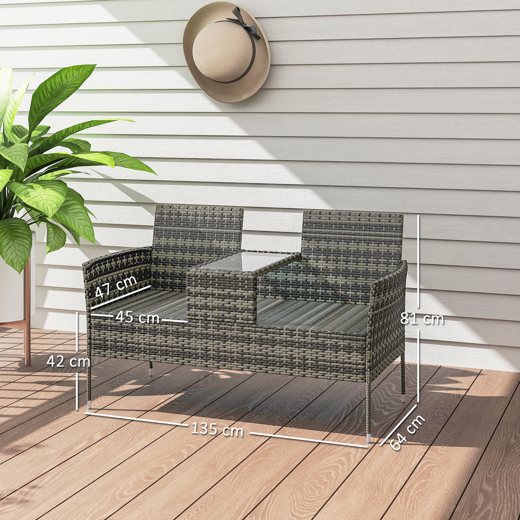 2 Seat Rattan Garden Bench with Glass Table & Padded Cushions, Charcoal Grey/Grey - Image 5