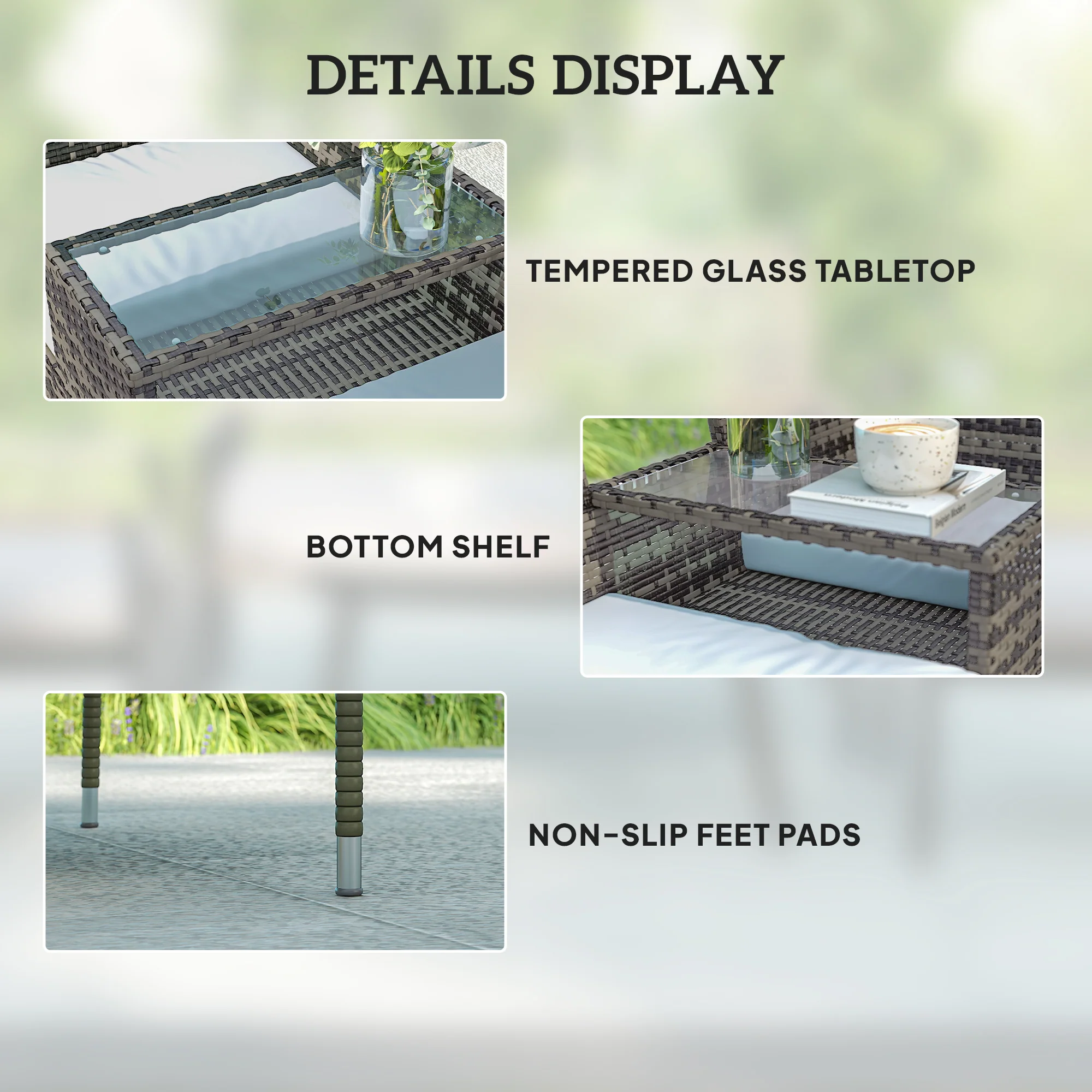 2 Seat Rattan Garden Bench with Glass Table & Padded Cushions, Charcoal Grey/Grey - Image 6