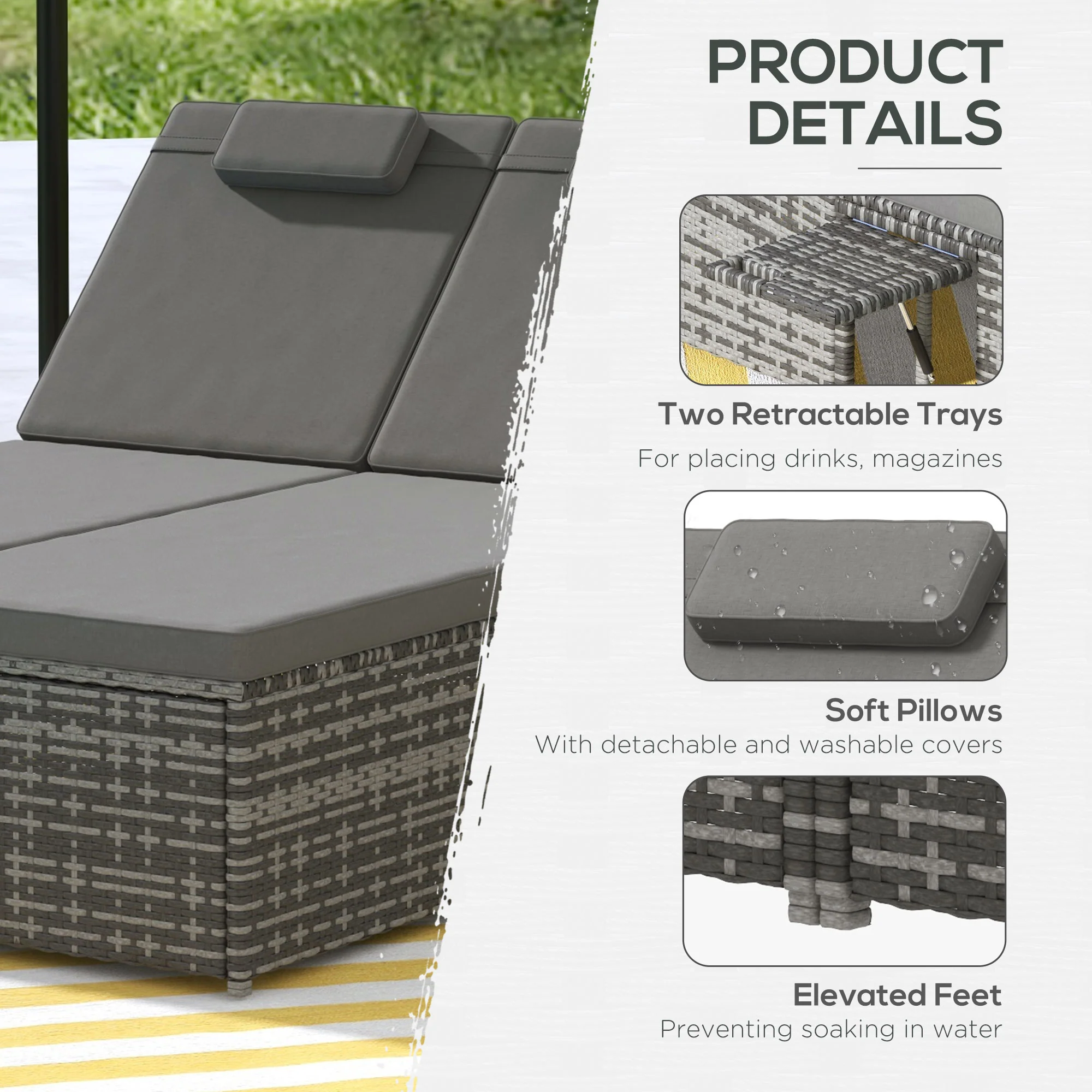 2 Seater Double Rattan Sun Lounger, Recliner Daybed w/ Fire Retardant Cushions, Grey - Image 10
