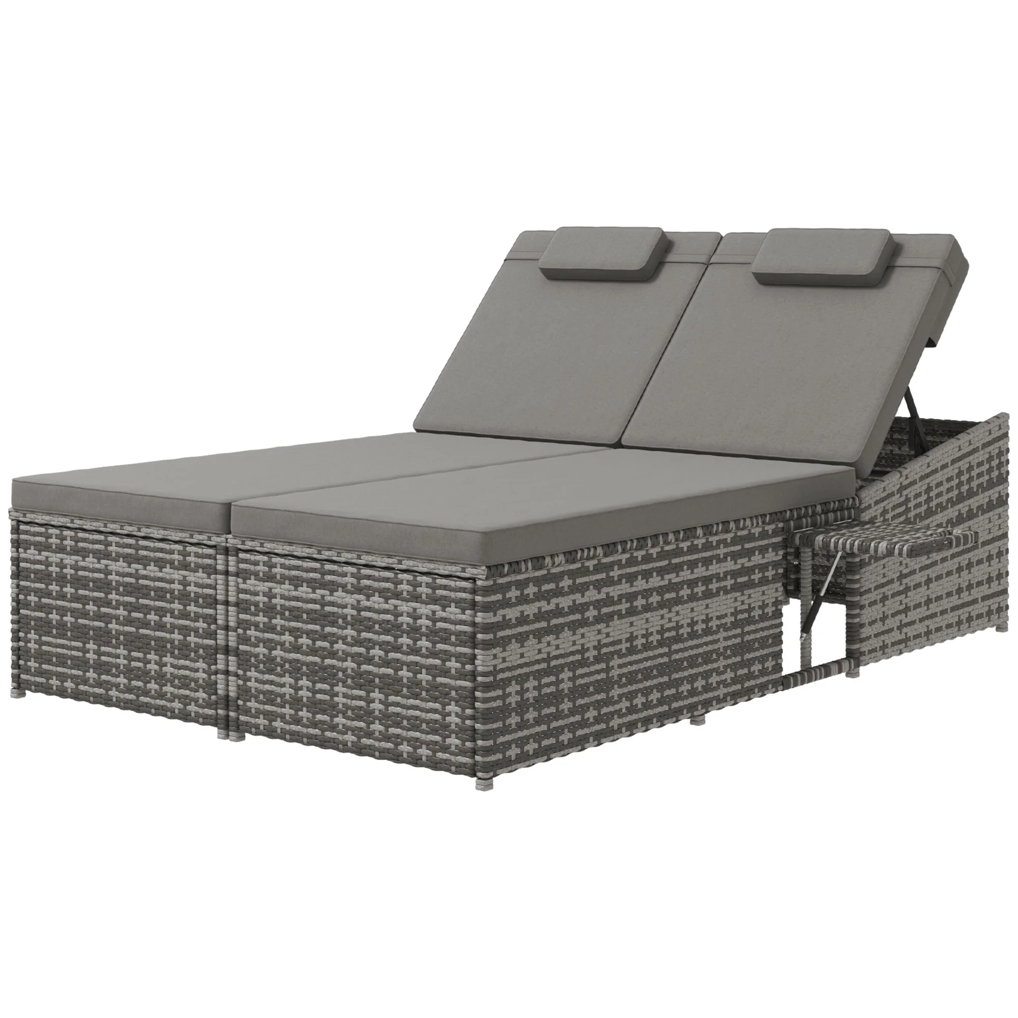 2 Seater Double Rattan Sun Lounger, Recliner Daybed w/ Fire Retardant Cushions, Grey - Image 2