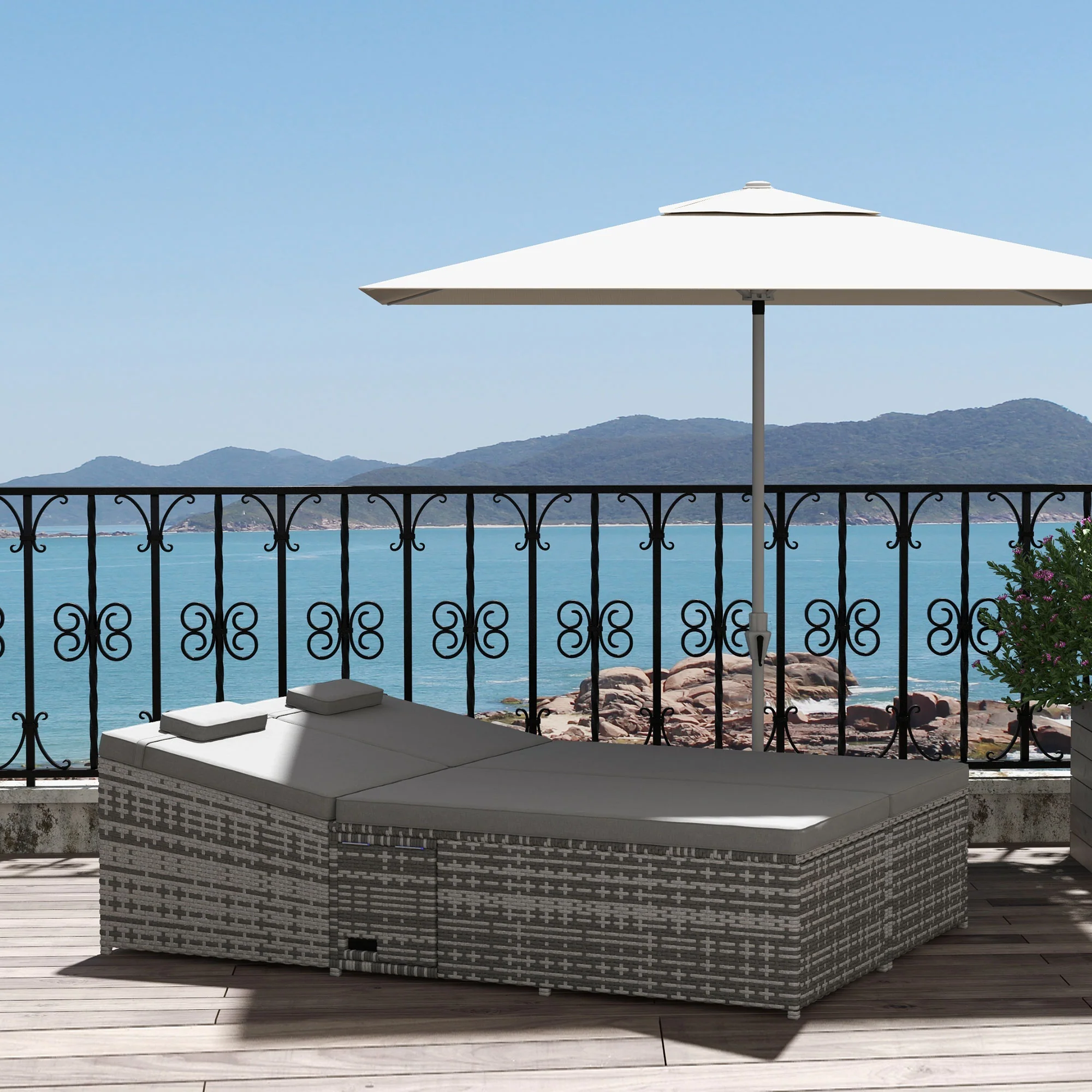 2 Seater Double Rattan Sun Lounger, Recliner Daybed w/ Fire Retardant Cushions, Grey - Image 3