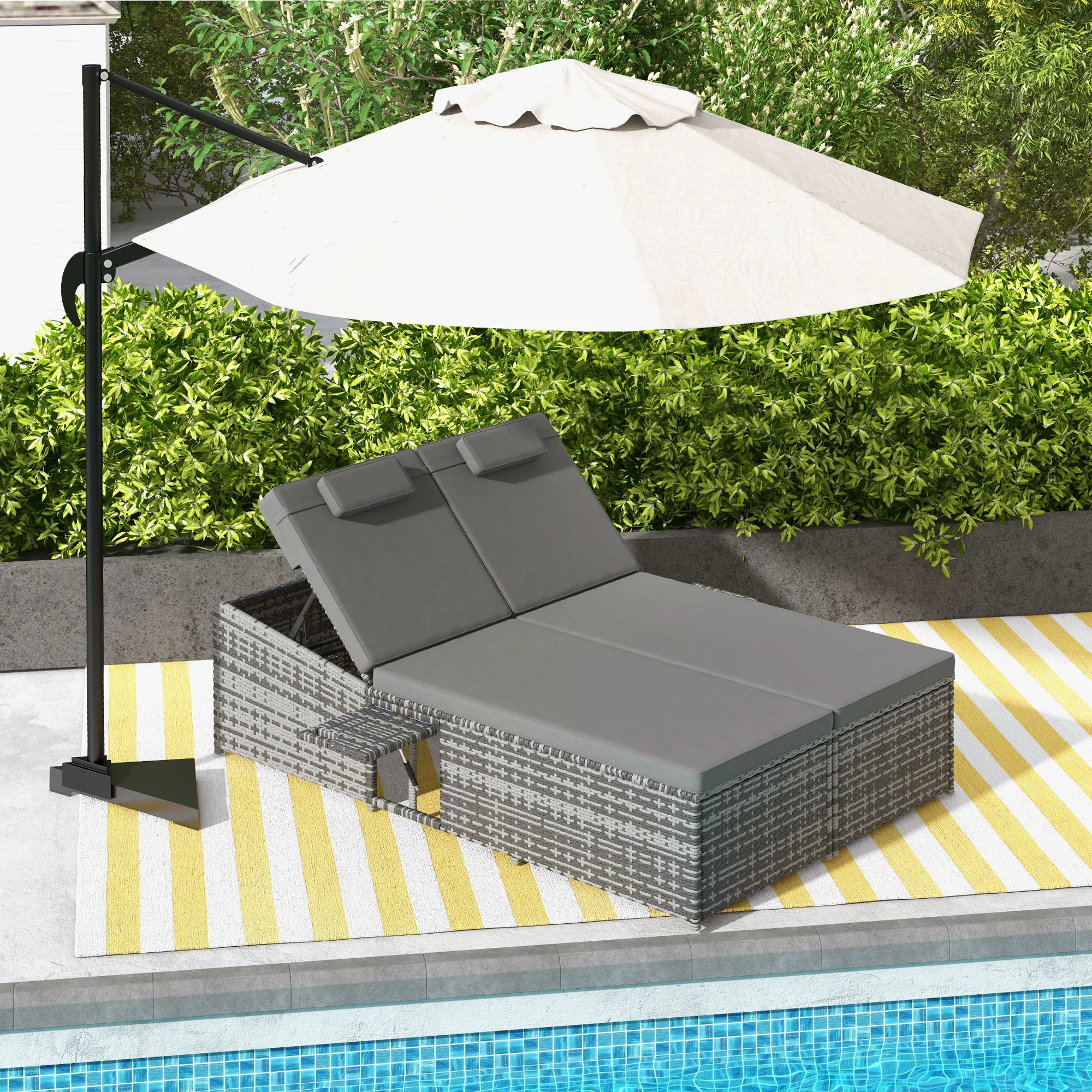 2 Seater Double Rattan Sun Lounger, Recliner Daybed w/ Fire Retardant Cushions, Grey - Image 4