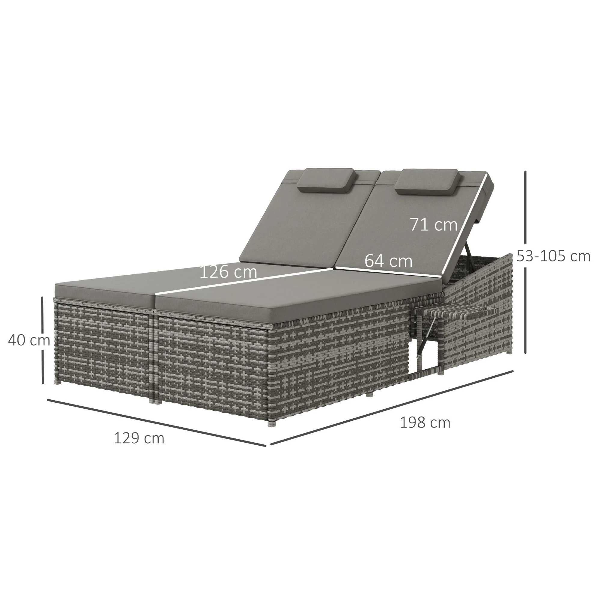 2 Seater Double Rattan Sun Lounger, Recliner Daybed w/ Fire Retardant Cushions, Grey - Image 5