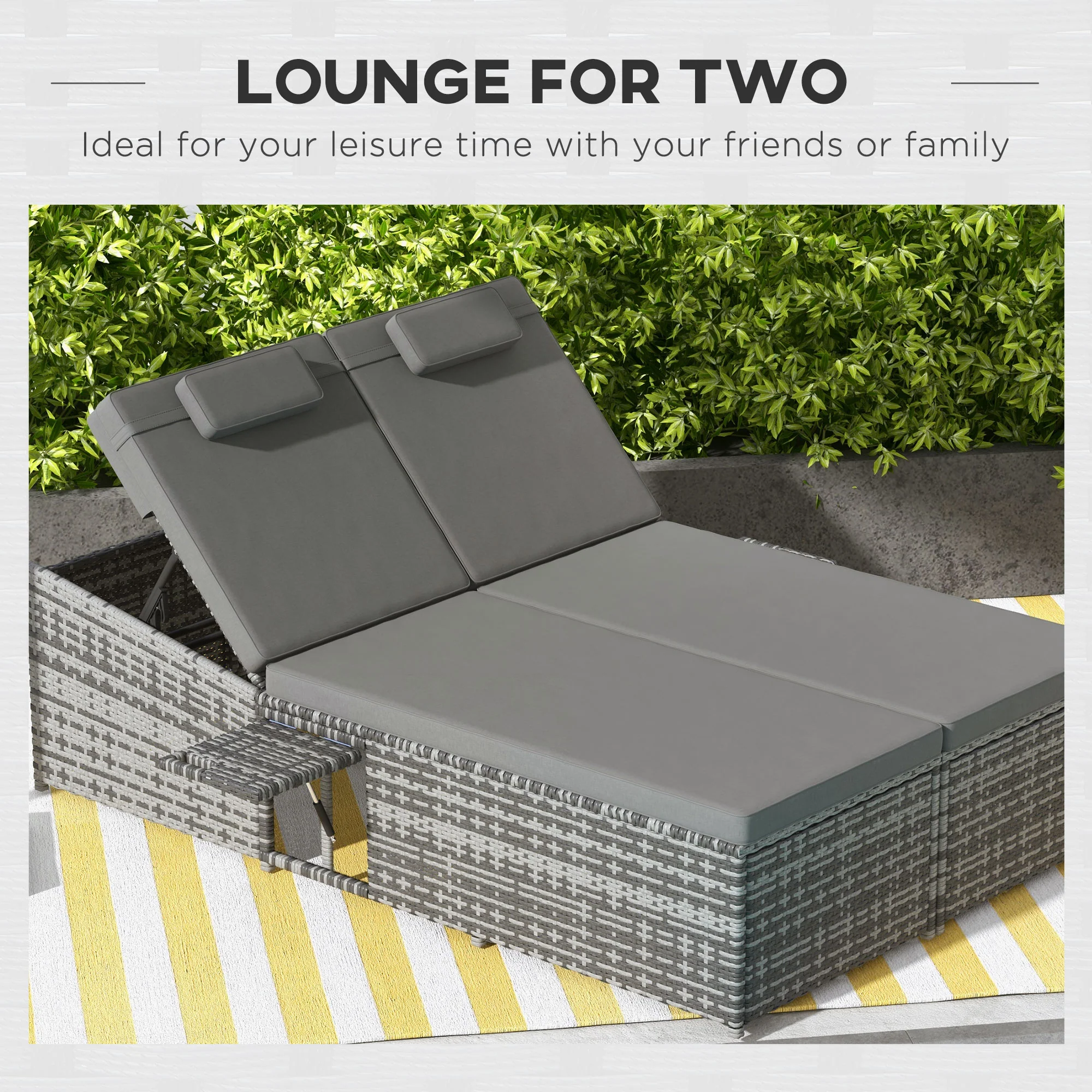 2 Seater Double Rattan Sun Lounger, Recliner Daybed w/ Fire Retardant Cushions, Grey - Image 9