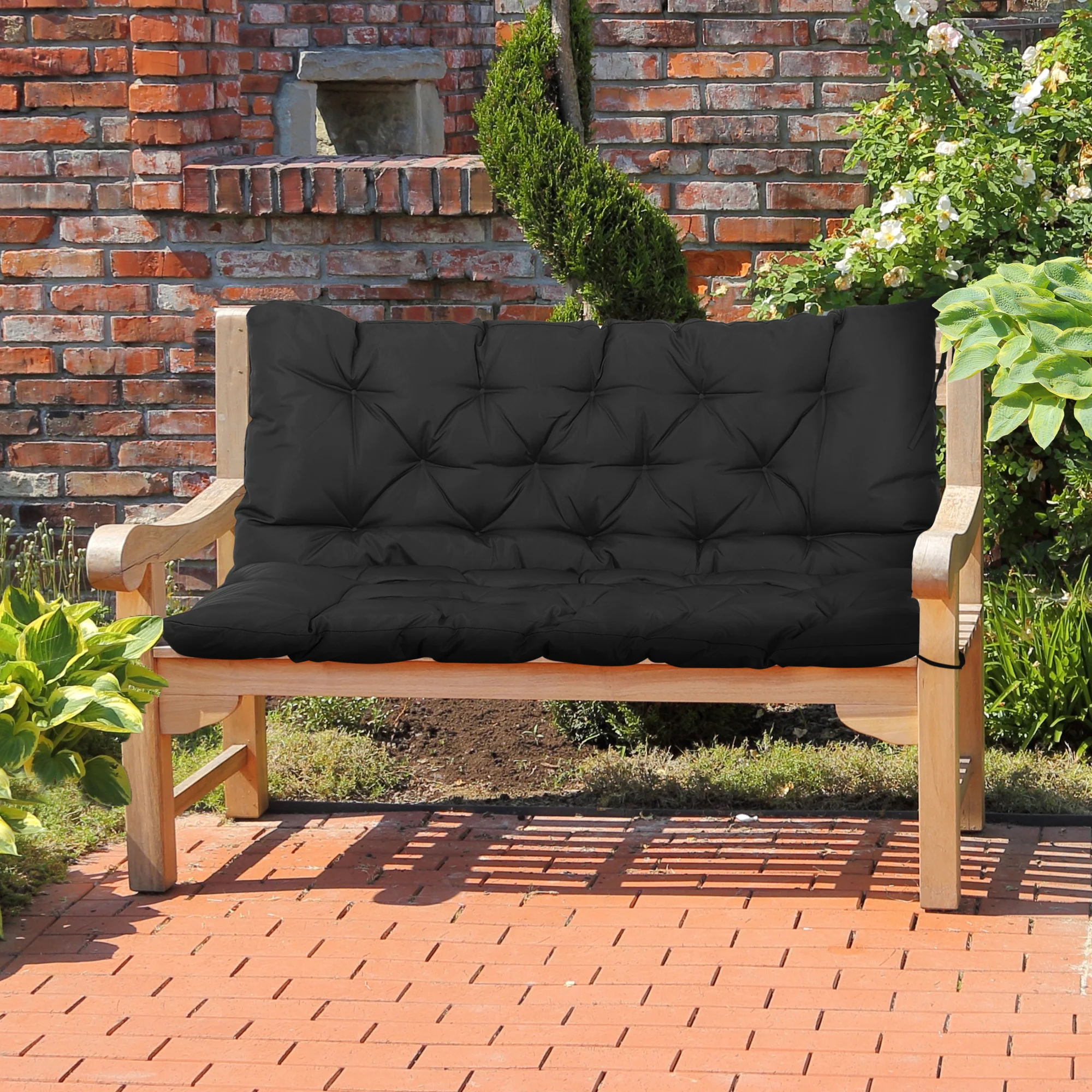 2 Seater Garden Bench Cushions, Non-Slip Soft Pad with Backrest, 47" x 43" x 5", Black - Image 3