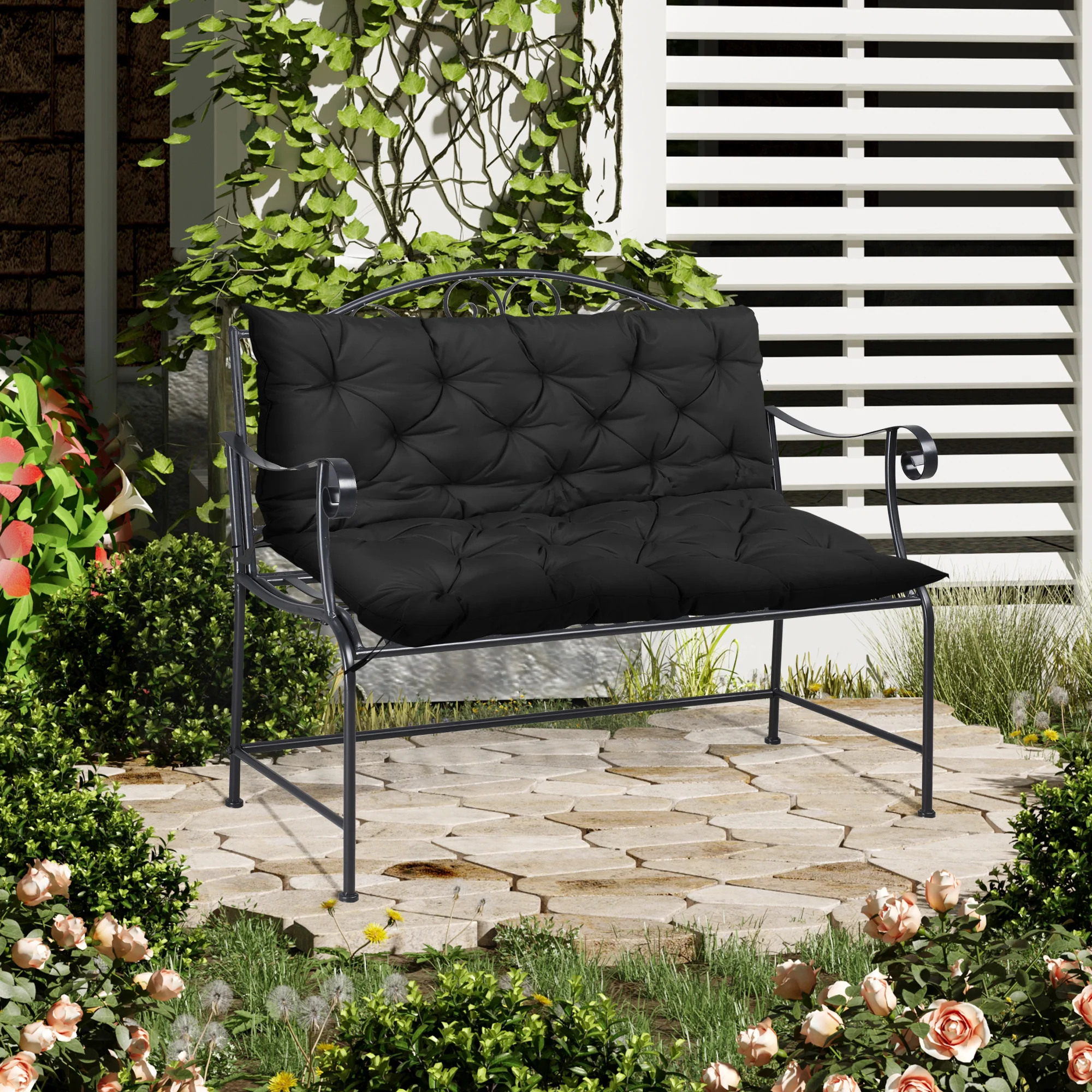2 Seater Garden Bench Cushions, Non-Slip Soft Pad with Backrest, 47" x 43" x 5", Black - Image 4