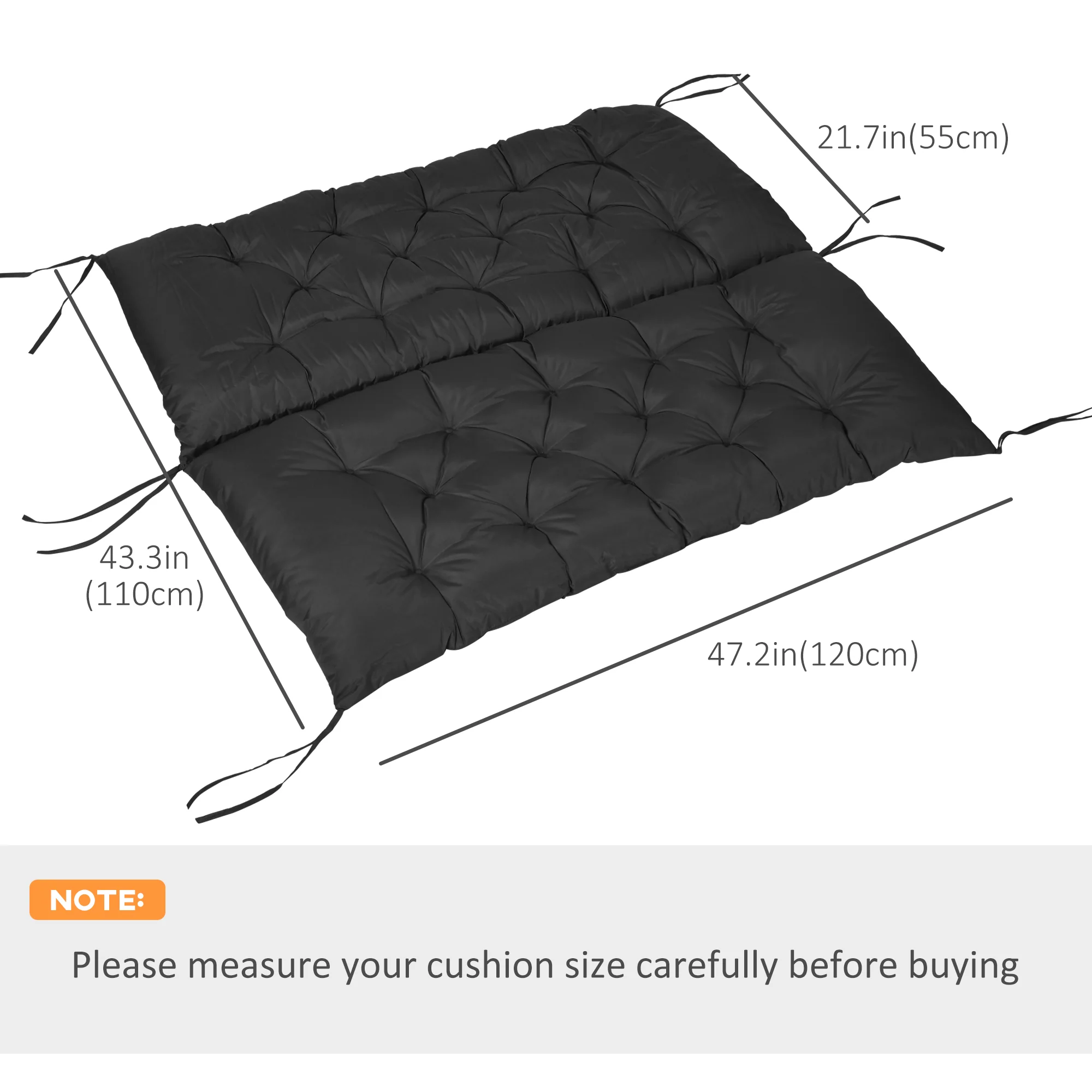 2 Seater Garden Bench Cushions, Non-Slip Soft Pad with Backrest, 47" x 43" x 5", Black - Image 5