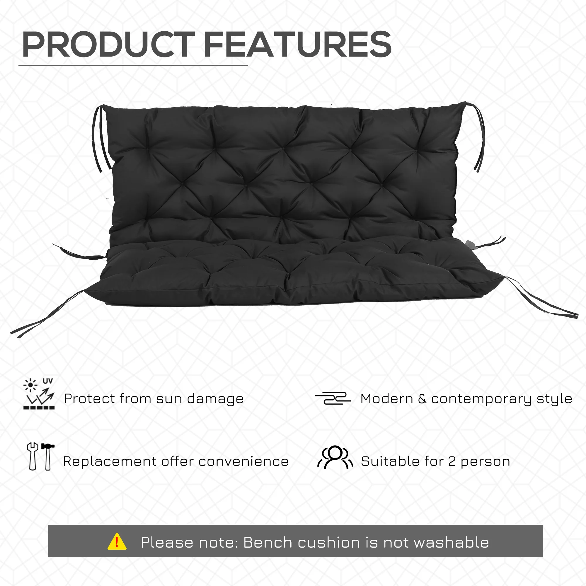 2 Seater Garden Bench Cushions, Non-Slip Soft Pad with Backrest, 47" x 43" x 5", Black - Image 7