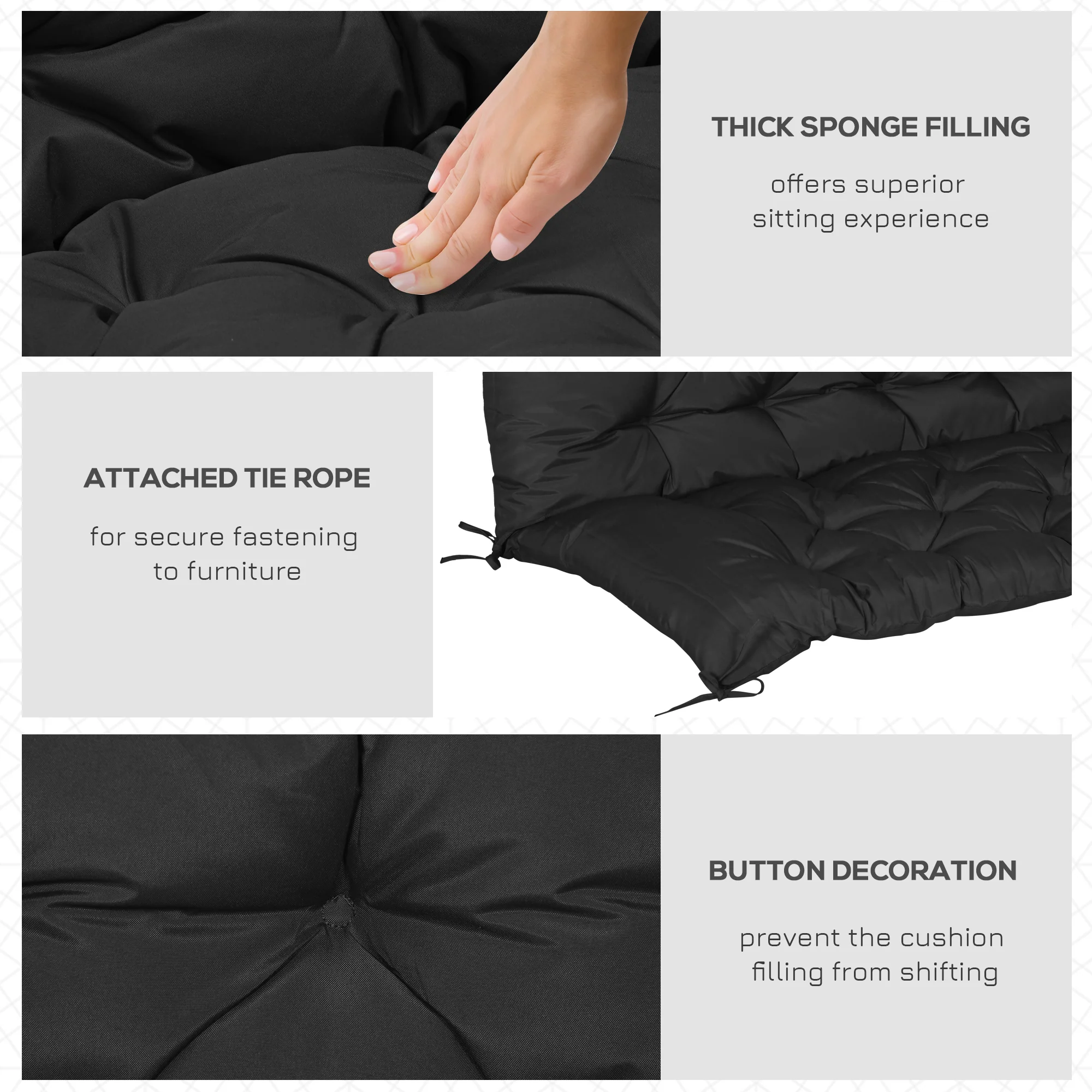 2 Seater Garden Bench Cushions, Non-Slip Soft Pad with Backrest, 47" x 43" x 5", Black - Image 8