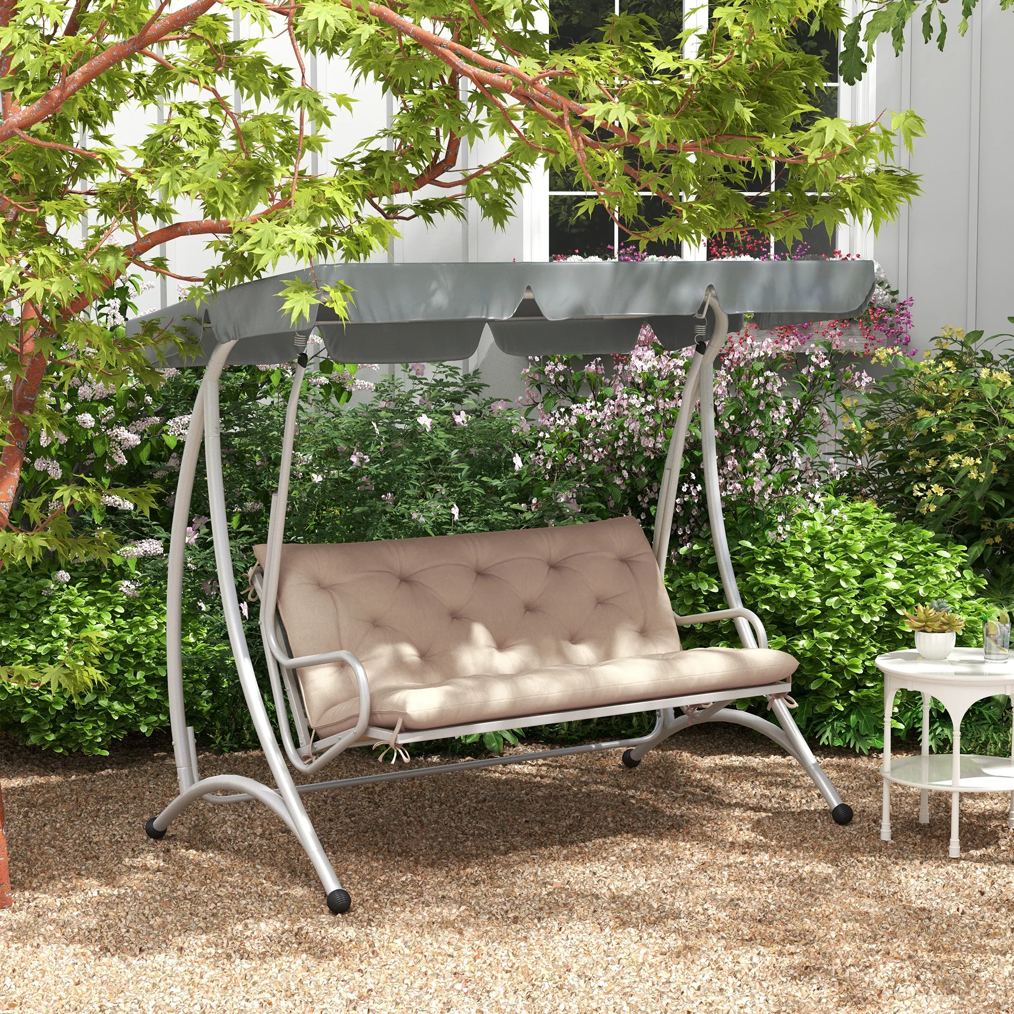 2 Seater Garden Bench Cushions, Non-Slip Soft Pad with Backrest, 47" x 43" x 5", Khaki - Image 4