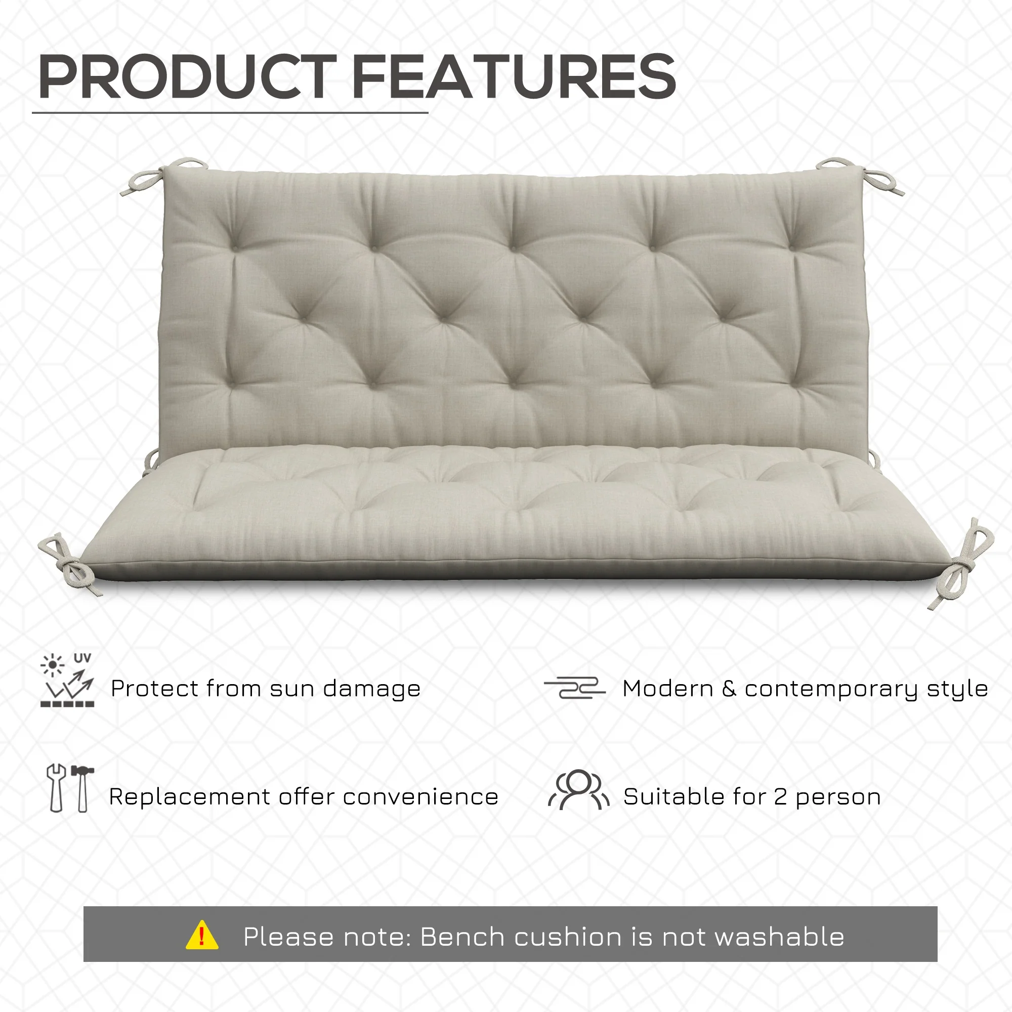 2 Seater Garden Bench Cushions, Non-Slip Soft Pad with Backrest, 47" x 43" x 5", Light Grey - Image 7