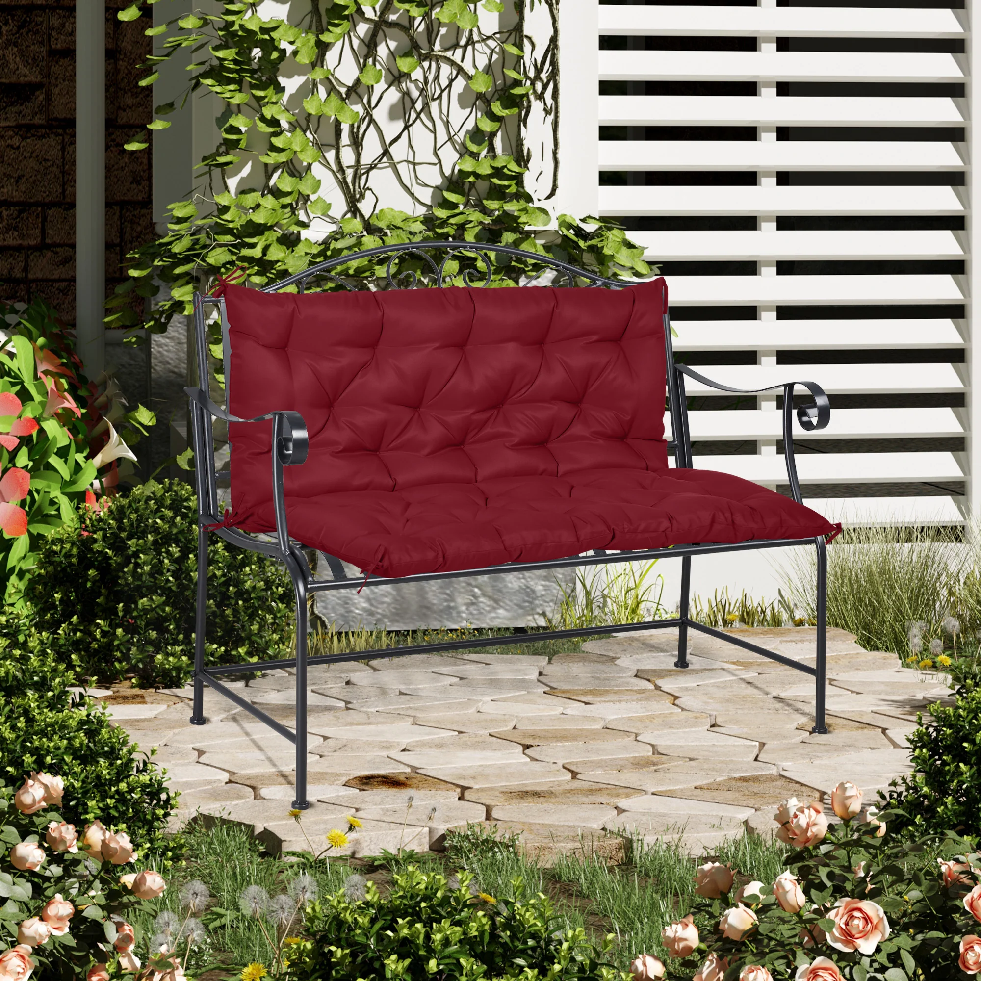 2 Seater Garden Bench Cushions, Non-Slip Soft Pad with Backrest, 47" x 43" x 5", Wine Red - Image 3
