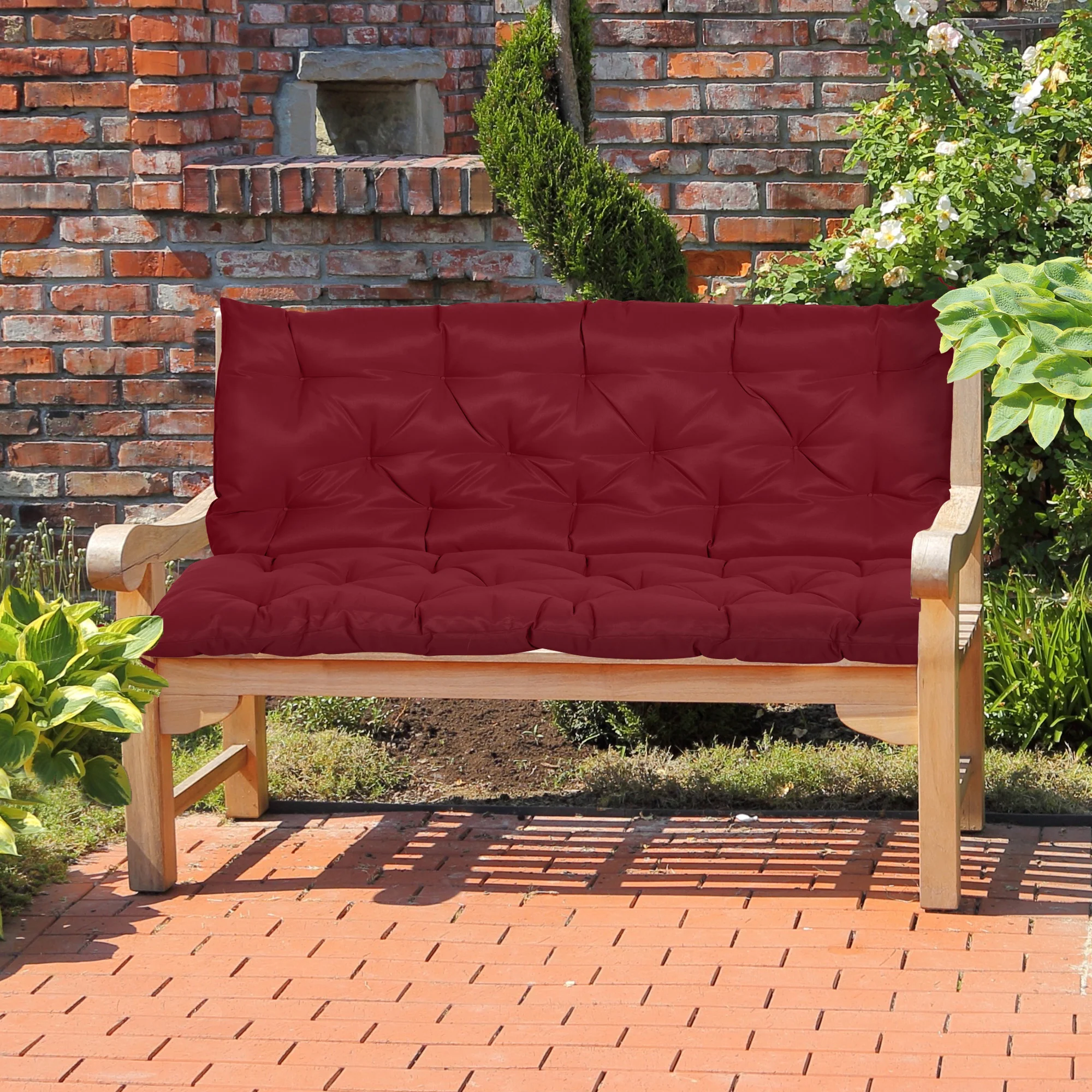 2 Seater Garden Bench Cushions, Non-Slip Soft Pad with Backrest, 47" x 43" x 5", Wine Red - Image 4