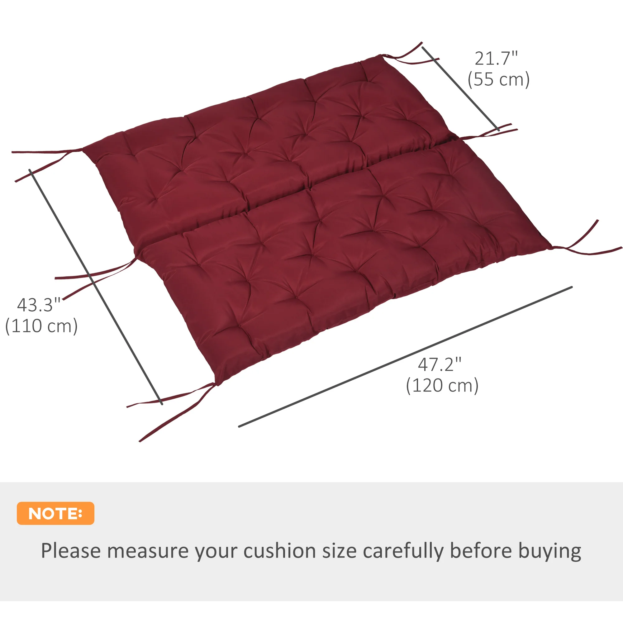 2 Seater Garden Bench Cushions, Non-Slip Soft Pad with Backrest, 47" x 43" x 5", Wine Red - Image 5