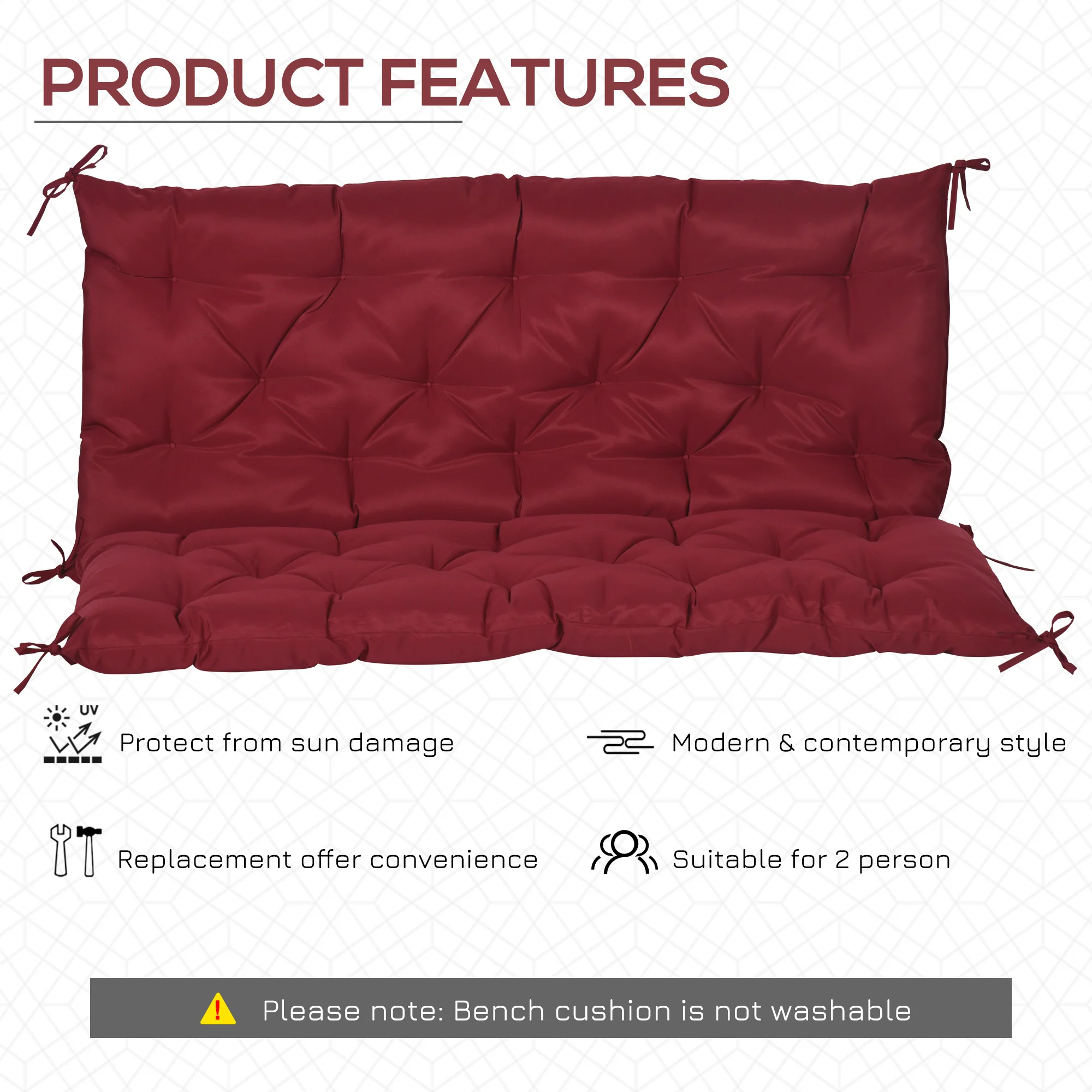 2 Seater Garden Bench Cushions, Non-Slip Soft Pad with Backrest, 47" x 43" x 5", Wine Red - Image 7