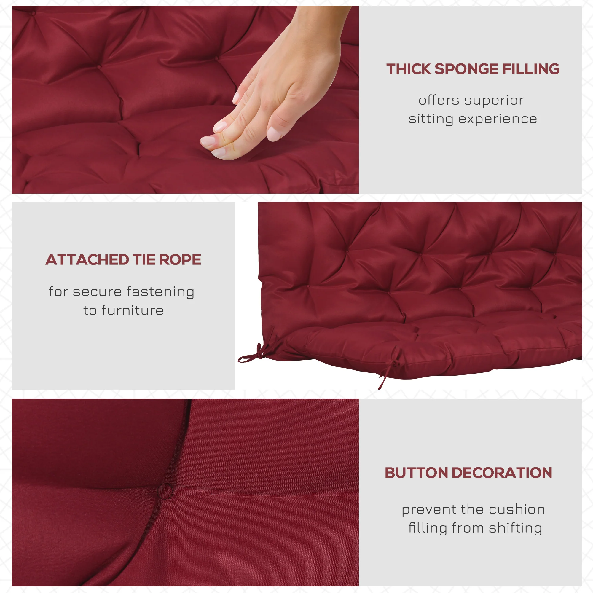 2 Seater Garden Bench Cushions, Non-Slip Soft Pad with Backrest, 47" x 43" x 5", Wine Red - Image 8
